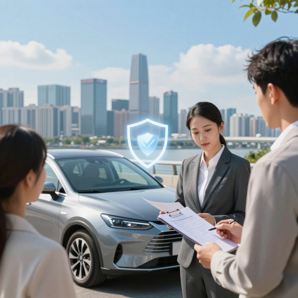 A modern car parked in a scenic urban environment, showcasing its sleek design and shine. In the foreground, display a professional-looking insurance agent in business attire, reviewing documents with a client who appears curious and engaged. The middle ground features a vibrant city skyline under a bright blue sky, suggesting a sense of security and progress. In the background, subtly integrate elements symbolizing protection, like a shield icon or a gentle glow around the car. Use soft, natural lighting to create an inviting atmosphere, with a slight focus on the car and the interaction between the agent and client. Capture the moment from a slightly elevated angle, emphasizing the professionalism and assurance of auto insurance.