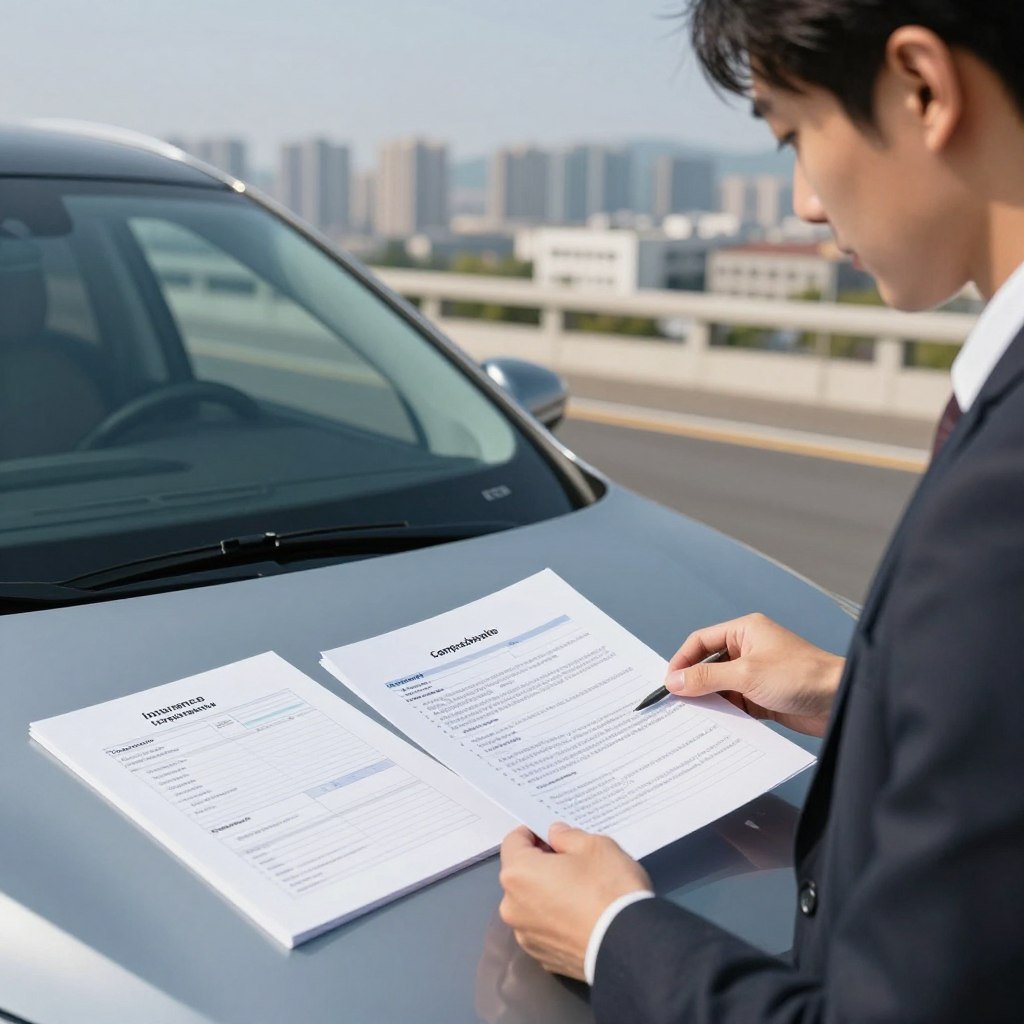 A modern car parked in a scenic urban setting, showcasing a range of insurance policy documents spread out on the hood, each labeled with different types of coverage options such as collision, comprehensive, and liability. In the foreground, a professional-looking person in business attire is examining the documents with a thoughtful expression. The middle ground features a cityscape with a clear blue sky, showcasing buildings that communicate a sense of reliability and trust. Soft, natural lighting illuminates the scene, creating a warm and inviting atmosphere. The camera angle is slightly elevated, capturing both the car and the documents in detail, emphasizing the importance of selecting the right insurance coverage. The overall mood should be professional and informative, reflecting the seriousness of choosing car insurance.