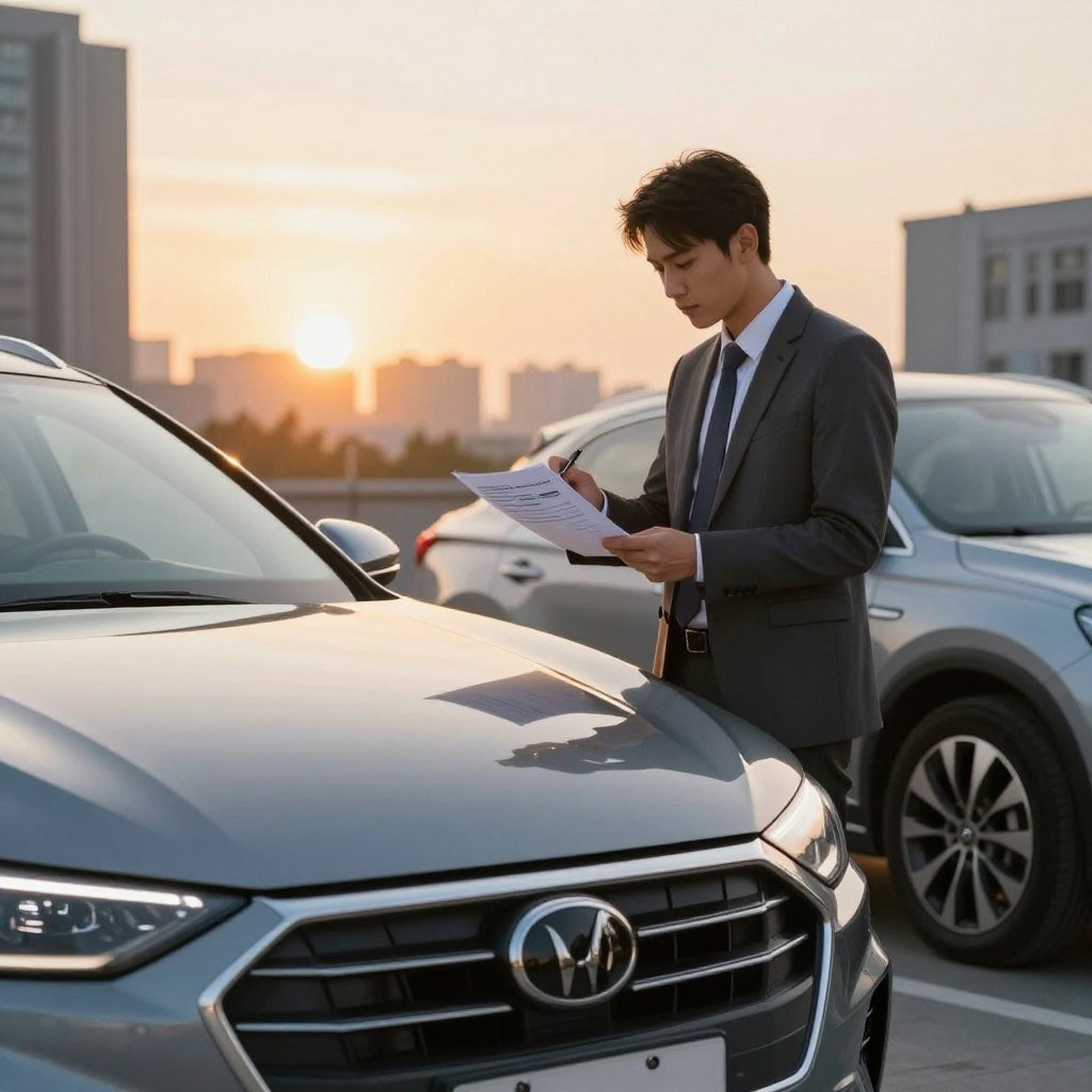 A modern car parked in a well-lit urban environment, showcasing full coverage auto insurance benefits. In the foreground, the gleaming vehicle reflects the surrounding cityscape, emphasizing its protection and style. In the middle, a professional-looking individual in business attire analyzes insurance documents while standing next to the car, illustrating the concept of careful decision-making in choosing comprehensive coverage. The background features a soft sunset, casting warm golden hues, creating a feeling of safety and security. The image should evoke a sense of trust and reliability, highlighting the advantages of comprehensive auto insurance in a realistic, visually appealing composition, shot from a slightly elevated angle to capture all elements harmoniously.