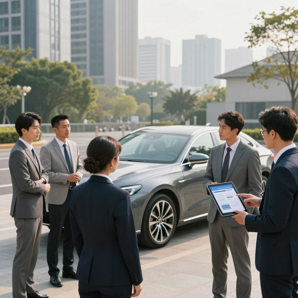 A modern car parked in a well-maintained urban setting, showcasing the concept of comprehensive car insurance. In the foreground, a diverse group of professionals in business attire is discussing insurance options, with one individual pointing to a digital tablet displaying coverage details. In the middle ground, the sleek car gleams under soft, diffused sunlight, highlighting its features such as alloy wheels and a polished finish. In the background, a cityscape with tall buildings and greenery conveys a sense of reliability and security. The atmosphere is informative and positive, evoking a sense of assurance and trust. Use a wide-angle lens to capture the entire scene, ensuring clarity and a balanced composition with natural light enhancing the colors. A modern car parked in a well-maintained urban setting, showcasing the concept of comprehensive car insurance. In the foreground, a diverse group of professionals in business attire is discussing insurance options, with one individual pointing to a digital tablet displaying coverage details. In the middle ground, the sleek car gleams under soft, diffused sunlight, highlighting its features such as alloy wheels and a polished finish. In the background, a cityscape with tall buildings and greenery conveys a sense of reliability and security. The atmosphere is informative and positive, evoking a sense of assurance and trust. Use a wide-angle lens to capture the entire scene, ensuring clarity and a balanced composition with natural light enhancing the colors.