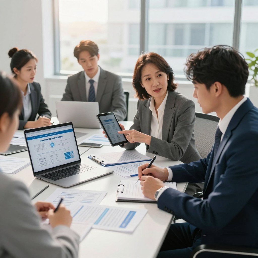 A modern, detailed office setting with a professional atmosphere, featuring a diverse group of well-dressed individuals engaged in a discussion about comprehensive vehicle insurance. In the foreground, a middle-aged woman in business attire is pointing at a tablet, while a young man in a smart suit takes notes. In the middle ground, a sleek conference table is cluttered with documents, brochures, and a laptop displaying insurance data. The background includes large windows with natural light streaming in, casting a warm glow on the scene. The overall mood is focused and collaborative, emphasizing professionalism and the importance of informed decision-making in securing complete vehicle coverage. A modern, detailed office setting with a professional atmosphere, featuring a diverse group of well-dressed individuals engaged in a discussion about comprehensive vehicle insurance. In the foreground, a middle-aged woman in business attire is pointing at a tablet, while a young man in a smart suit takes notes. In the middle ground, a sleek conference table is cluttered with documents, brochures, and a laptop displaying insurance data. The background includes large windows with natural light streaming in, casting a warm glow on the scene. The overall mood is focused and collaborative, emphasizing professionalism and the importance of informed decision-making in securing complete vehicle coverage.