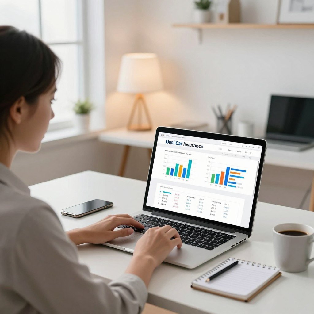 A modern digital workspace featuring a young professional woman calculating car insurance online. In the foreground, she is focused on a laptop displaying an insurance comparison website, with colorful graphs and numbers reflecting various quotes. The middle layer includes a sleek desk with a smartphone, a notepad with calculations, and a coffee mug, emphasizing productivity. The background shows a bright, minimalistic office environment with soft, ambient lighting that creates a warm atmosphere. Large windows allow natural light to flood in, enhancing the sense of clarity and efficiency. The composition conveys a mood of empowerment and modernity, ideal for illustrating the process of online insurance quotation.