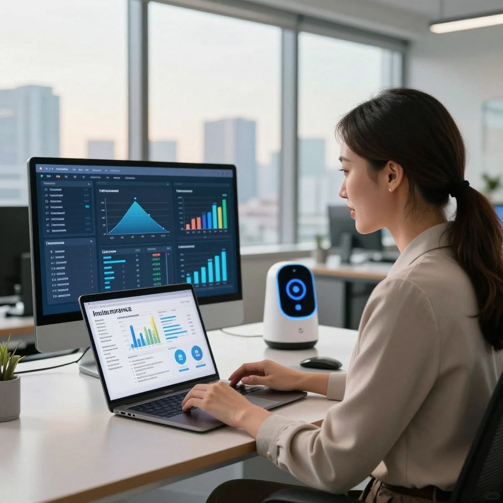 A modern insurance office scene showcasing the role of technology in insurance. In the foreground, a professional businesswoman in smart attire is engaged in a virtual consultation using a sleek laptop, displaying data and charts on-screen. In the middle ground, a high-tech digital dashboard is visible, filled with graphs and analytics representing insurance statistics, while a smart assistant device provides voice assistance. The background features large windows with a city skyline, bathed in warm, natural light, creating an inviting atmosphere. The entire scene is crisp and clear, shot from a slightly elevated angle, emphasizing the integration of technology in the insurance industry. Overall, the mood is innovative and optimistic, highlighting the synergy between technology and insurance practices.
