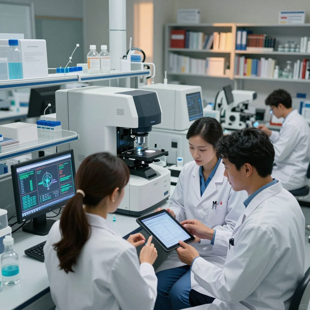 A modern medical laboratory filled with advanced technology related to the applications of s in medicine. In the foreground, a diverse group of three healthcare professionals—two women and one man—dressed in professional lab coats, are closely examining data on a digital tablet. The middle ground features high-tech equipment like a molecular analyzer and diagnostic machines, with glowing screens displaying intricate bioinformatics data. In the background, shelves filled with medical textbooks and research materials emphasize a scholarly environment. Soft, warm lighting illuminates the scene, creating a focused and inspiring atmosphere. Use a wide-angle lens to capture the depth and detail of the laboratory setting, highlighting the collaboration among the team. The mood is one of innovation, teamwork, and dedication to advancing medical science.