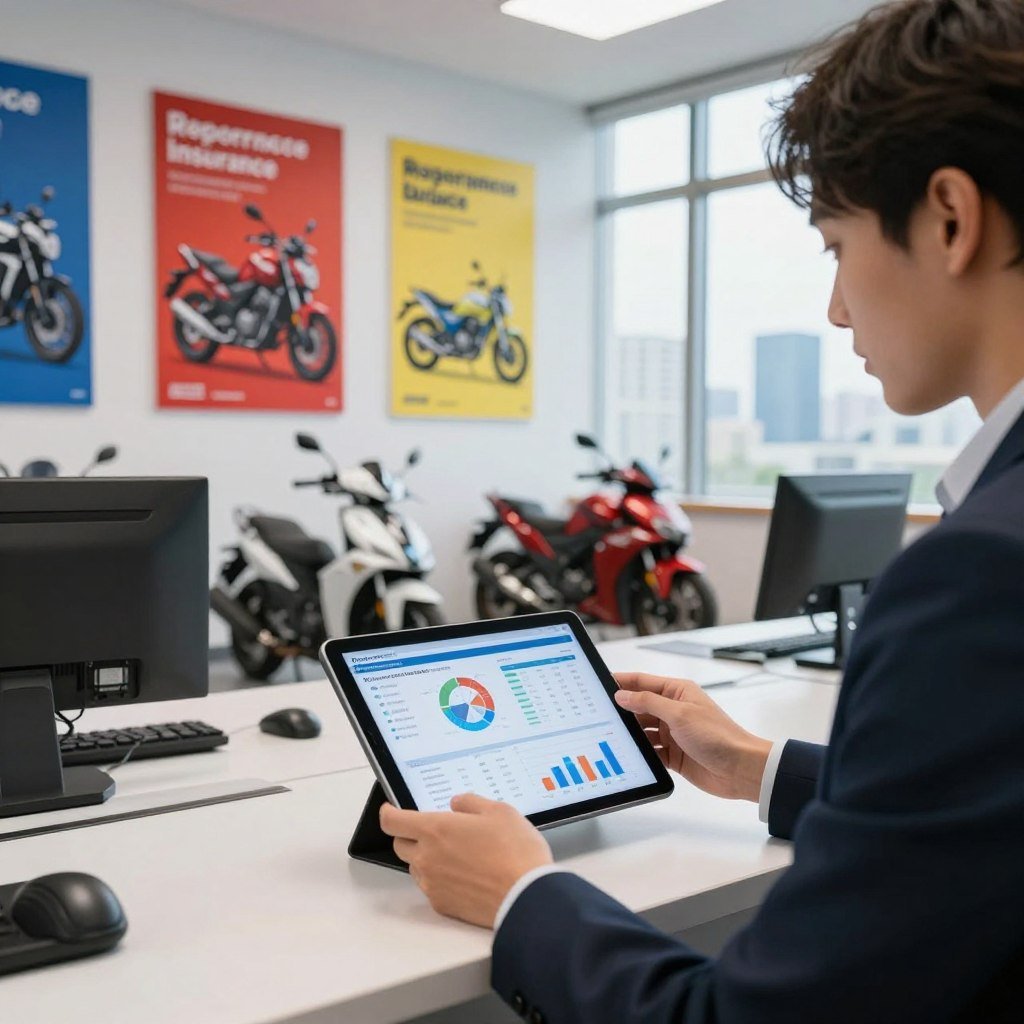 A modern motorcycle insurance office scene showcasing recent trends in the motorcycle insurance market. In the foreground, a professional agent in smart business attire is reviewing digital charts and graphs on a sleek tablet, displaying data on policies and customer demographics. In the middle ground, vibrant posters of different motorcycle models and safety gear line the walls, illustrating popular options and features in insurance plans. The background features large windows allowing natural light to flood the room, with a cityscape view that suggests progress and innovation. The atmosphere is dynamic and professional, reflecting a contemporary approach to motorcycle insurance, with a clean and organized layout that promotes trust and efficiency. Soft, natural lighting enhances the clarity and focus of the image, creating an inviting space.