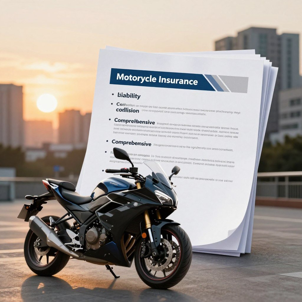 A modern motorcycle parked prominently in the foreground, showcasing sleek design and glossy paint finish, symbolizing motorcycle insurance value. In the middle ground, a stack of insurance documents with bullet points listed for different types of motorcycle coverage, including liability, collision, and comprehensive. The background features a blurred cityscape during sunset, with warm, soft lighting casting a golden hue over the scene, evoking a sense of security and professionalism. Utilize a wide-angle lens to capture the full context, emphasizing the motorcycle and documents while maintaining a depth of field. The atmosphere should feel informative yet inviting, ideal for educating readers on motorcycle insurance coverage options.