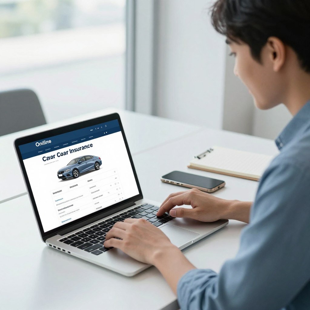 A modern office environment showcasing a sleek desk with an open laptop displaying an online car insurance quotation page. In the foreground, a professional-looking individual, dressed in business casual attire, is intently reviewing the information on the screen, with a look of concentration and satisfaction. The middle ground features a smartphone and a notepad, symbolizing the ease of comparing options online. In the background, a bright window with natural light flooding the space, creating an inviting atmosphere. Soft tones of blue and white dominate the color palette, enhancing a sense of trust and professionalism. The scene conveys a mood of efficiency and modernity, emphasizing the advantages of obtaining car insurance quotes online.