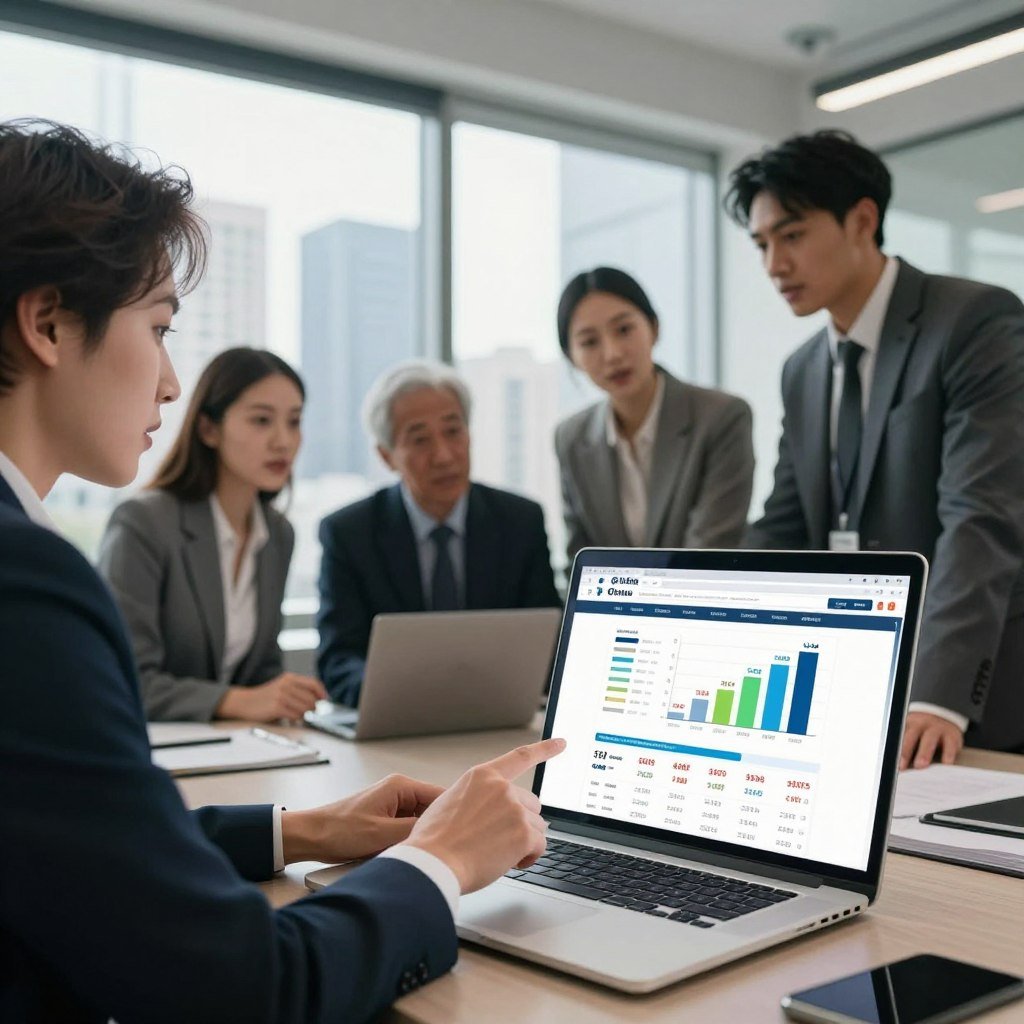 A modern office environment that illustrates the concept of online price comparison. In the foreground, a sleek laptop displays various product comparison websites with vibrant charts and price tags. To the left, a diverse group of professionals in smart business attire are engaged in discussion, pointing at the screen with expressions of curiosity and focus. In the middle ground, a large window showcases a bustling cityscape, symbolizing connectivity and modern commerce. Soft, natural lighting floods the room, creating a bright and uplifting atmosphere. The scene is captured from a slightly elevated angle, highlighting both the laptop and the engaged group. The overall mood conveys collaboration, efficiency, and the pursuit of finding the best deals.