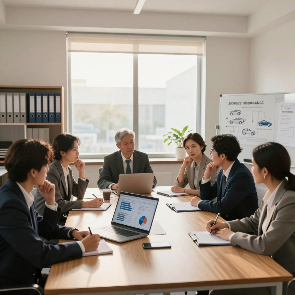 A modern office environment with a large conference table in the foreground, where a diverse group of professionally dressed individuals are engaged in a discussion about car insurance quotes. One person is displaying charts on a laptop screen, while others are taking notes and looking thoughtful. The middle layer features a large window allowing natural sunlight to illuminate the room, creating a warm and inviting atmosphere. The background includes shelves filled with insurance policy binders and a whiteboard with diagrams related to auto insurance. The image should convey a sense of collaboration and professionalism, with a focus on the complexities of understanding car insurance quotes. Use soft lighting to enhance the mood, and a wide-angle lens to capture the entire setting, ensuring a clear view of all participants.