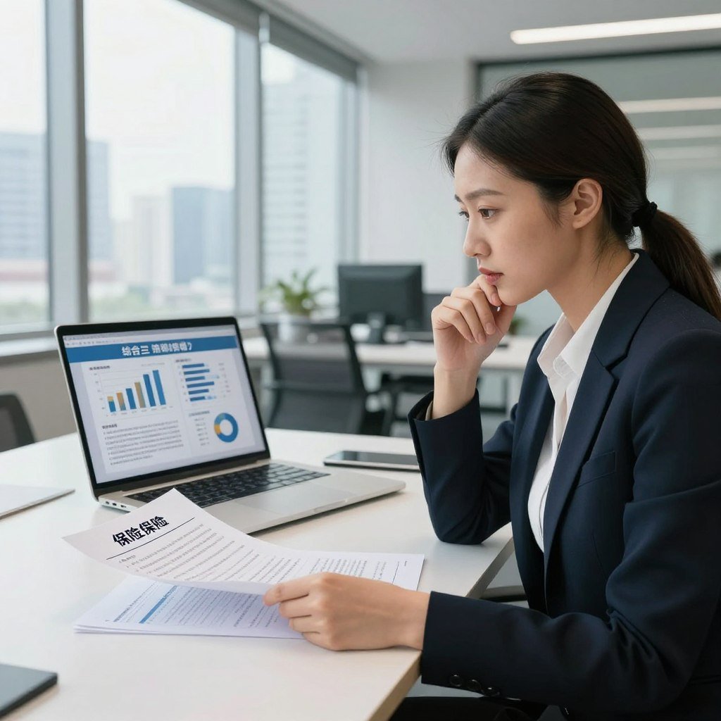 A modern office scene illustrating a comparison of comprehensive car insurance and third-party insurance. In the foreground, a professional businesswoman wearing smart attire examines two clearly labeled insurance documents on a desk, her expression thoughtful. The middle ground features a sleek laptop displaying graphs and charts, providing a visual contrast of the different insurance types. In the background, large windows with soft natural light filter in, showcasing a city skyline. The overall mood is serious and informative, emphasizing clarity and professionalism. Utilize a wide-angle lens to capture depth, with a focus on the woman’s engaged demeanor amidst a clean, contemporary workspace.