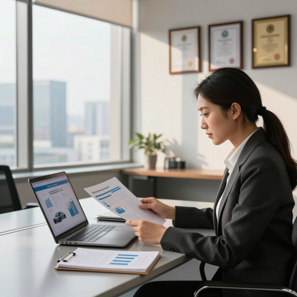 A modern office scene showcasing the concept of vehicle insurance quotes. In the foreground, a professional woman in business attire is seated at a sleek desk, reviewing car insurance documents on a laptop. A notepad with charts and graphs visible, symbolizing comparisons and analytics, is beside her. In the middle ground, a large window reveals a cityscape, bright with daylight, casting soft shadows across the room. The background features a wall with framed certificates and awards, depicting professionalism and trust. The atmosphere is focused and analytical, with warm lighting enhancing the inviting yet serious mood. A slight depth of field emphasizes the woman’s concentration on the laptop screen, while subtle reflections create a polished, contemporary environment.