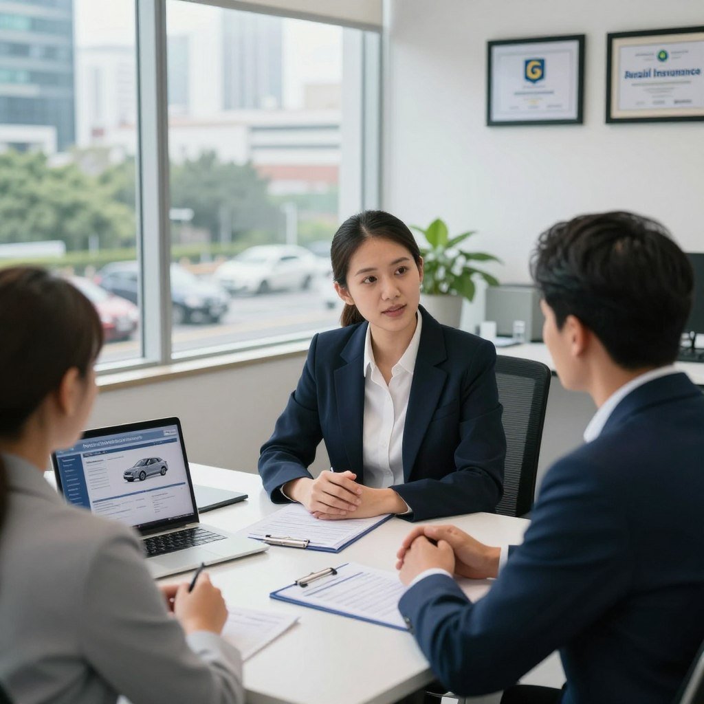 A modern office setting centered around a confident insurance agent conducting a vehicle insurance consultation. In the foreground, the agent, dressed in professional business attire, interacts with a client, who appears engaged and attentive. The desk is neatly organized with insurance brochures, a laptop displaying a quote comparison, and a model car representing the clients’ vehicle. In the middle ground, large windows allow natural light to flood the office, illuminating the vibrant cityscape outside, with cars of various models visible below. The background features brand logos of top Brazilian auto insurance companies, subtly displayed on framed certificates on the wall. The atmosphere is professional and reassuring, evoking trust and competence, with soft blue and green tones creating a calm ambiance. The image is captured from a slightly elevated angle to encompass both subjects and the office environment effectively.
