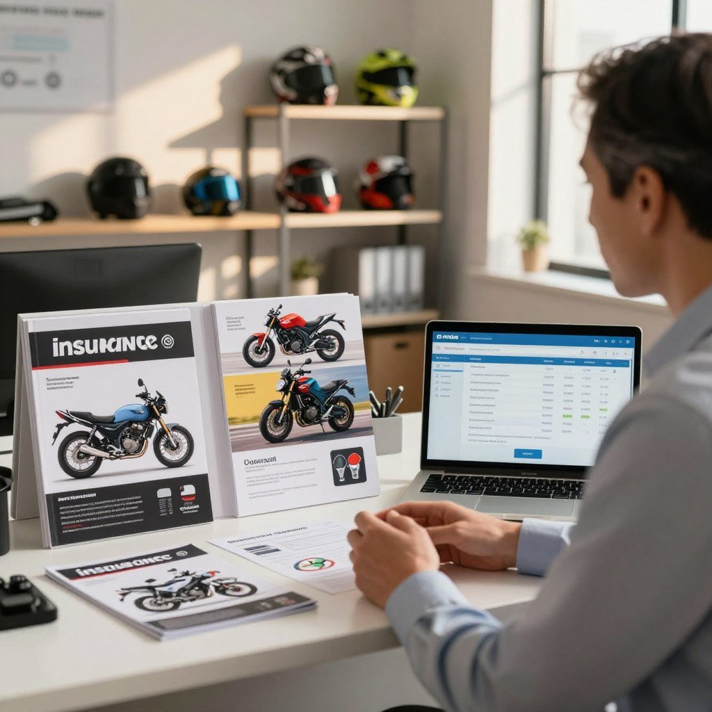 A modern office setting, featuring a professional-looking insurance agent beside a desk adorned with motorcycle brochures and a laptop displaying a digital motorcycle insurance comparison tool. In the foreground, a close-up of the agent, a middle-aged individual in smart attire, is engaged in conversation, exuding trust and expertise. The middle ground features colorful motorcycle images and data charts on the desk. In the background, a well-organized office space with shelves containing motorcycle gear and safety equipment. The lighting is warm and inviting, with soft shadows suggesting mid-afternoon sunlight streaming through a window, creating a professional yet approachable atmosphere. The overall mood should convey clarity, guidance, and professionalism.