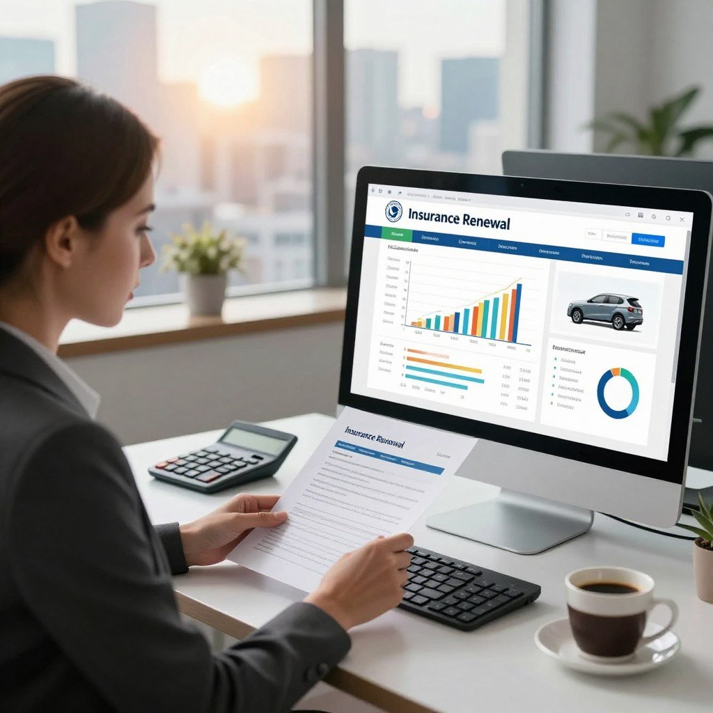 A modern office setting focused on insurance renewal, featuring a professional businesswoman in smart attire, reviewing a document. In the foreground, a computer screen displays a colorful dashboard of auto insurance options, with graphs and charts. The middle ground shows a sleek desk with a calculator, notepad, and a cup of coffee, suggesting productivity. The background includes a window with a view of a city skyline, illuminated by warm, natural light, creating an inviting atmosphere. The overall mood is focused and professional, reflecting the theme of renewal and maintenance in auto insurance, emphasizing the importance of careful evaluation and decision-making.