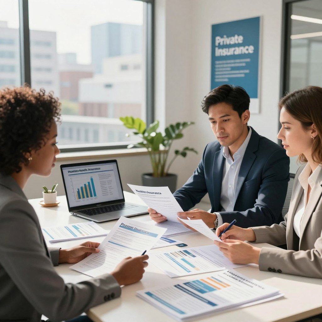 A modern office setting focused on private health insurance advantages. In the foreground, a diverse group of three professionals—one Black woman, one Hispanic man, and one Caucasian woman—are engaged in a discussion over health insurance documents, all dressed in smart business attire. The middle ground features a sleek conference table cluttered with health insurance brochures and a laptop displaying graphs of benefits. In the background, large windows reveal a bright, sunny cityscape, and a motivational poster about wellness on the wall. Soft, natural light filters through the windows, creating a warm and inviting atmosphere. The mood is one of collaboration and productivity, emphasizing the positive aspects of private health insurance.