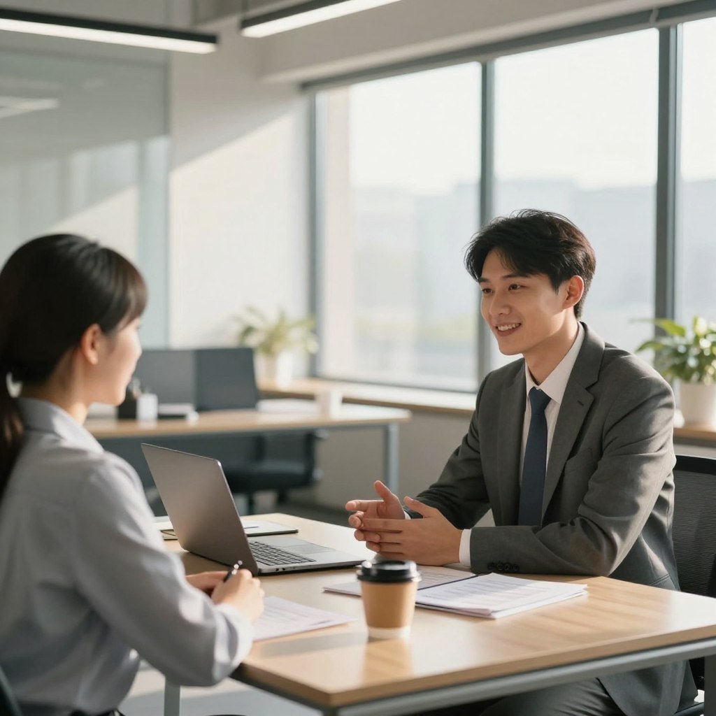 A modern office setting representing reliable insurance companies. In the foreground, a confident professional wearing business attire is engaged in a friendly conversation with a client, both appearing satisfied and assured. The middle ground features a sleek desk with a laptop, documents, and a cup of coffee, indicating a productive meeting environment. In the background, large windows allow warm, natural light to flood the room, casting soft shadows and reflecting a sunny day. The atmosphere is calm and trustworthy, conveying a sense of professionalism and customer service excellence. The image should have a focus on clarity and a balanced composition, with a lens slightly favoring a wide-angle view to capture the entire scene.