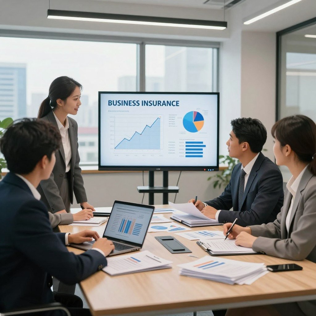 A modern office setting representing small to medium businesses, focused on business insurance. In the foreground, a diverse group of four professionals, dressed in smart business attire, are discussing over a laptop and a stack of documents. In the middle, a large conference table with business charts and graphs displayed prominently, symbolizing financial planning and security. The background features large windows with cityscape views, allowing natural light to flood the room, creating a bright and optimistic atmosphere. The mood is collaborative and focused, reflecting the importance of safeguarding assets. Soft, warm lighting enhances the professionalism of the scene, captured with a slightly wide-angle lens to encompass the entire setting.