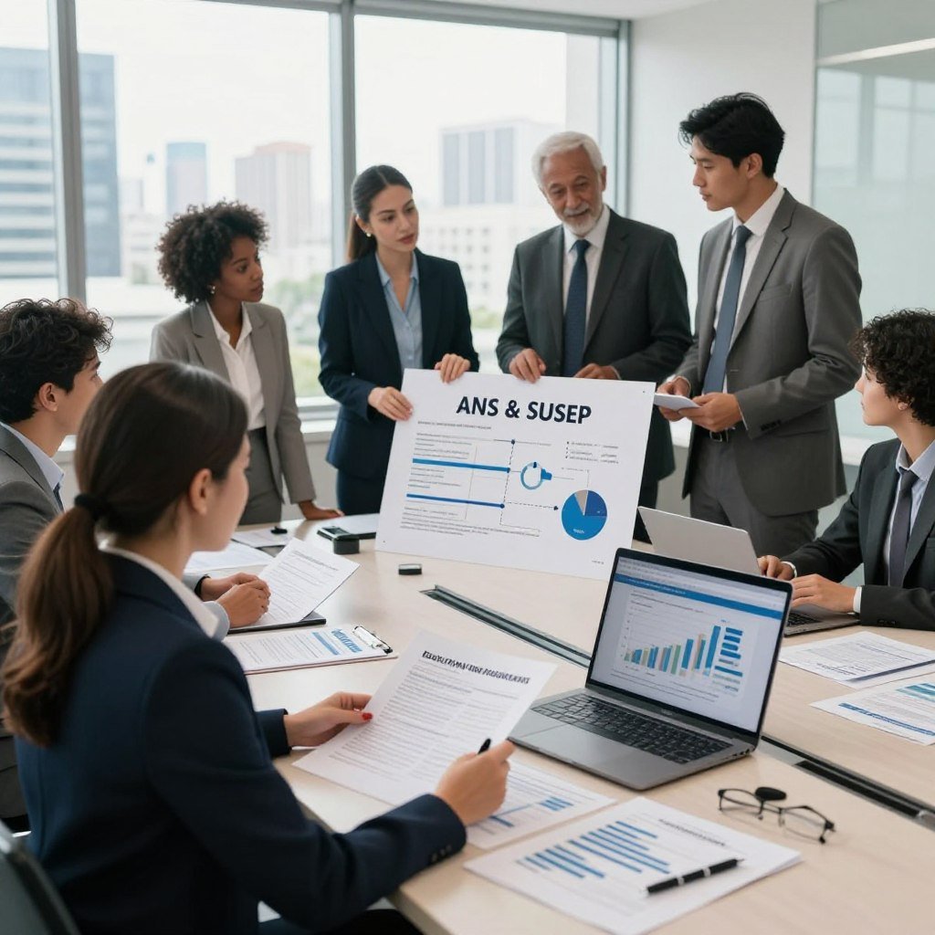 A modern office setting showcasing the regulatory environment of the insurance sector in Brazil. In the foreground, a professional woman in business attire examines documents at a conference table, surrounded by financial reports and a laptop displaying graphs. In the middle ground, a group of diverse, well-dressed professionals engage in discussion, analyzing a chart that represents the roles of ANS and SUSEP in insurance regulation. The background features a large window with a cityscape view, suggesting a bustling financial district. Soft, natural lighting filters in, creating a bright and optimistic atmosphere. The camera angle is slightly elevated, giving a comprehensive view of the collaborative workspace, emphasizing teamwork and professionalism in the insurance field.