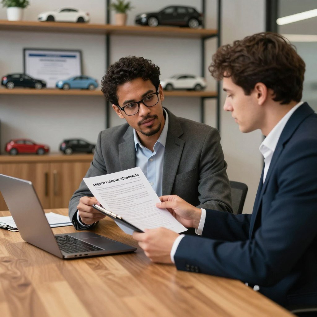 A modern office setting showing a confident professional in business attire discussing "seguro veicular abrangente" with a client. The foreground features a polished wooden table with a laptop and documents detailing vehicle insurance options. In the middle, a diverse duo – one wearing glasses and the other with a notepad – examines the insurance documents, highlighting transparency and clarity. The background includes shelves filled with car models and certificates, suggesting a knowledgeable environment. Soft lighting casts a warm glow, creating a trusting atmosphere. The angle is slightly elevated to capture both the attentive expressions and the professional context, emphasizing the significance of understanding comprehensive vehicle insurance.