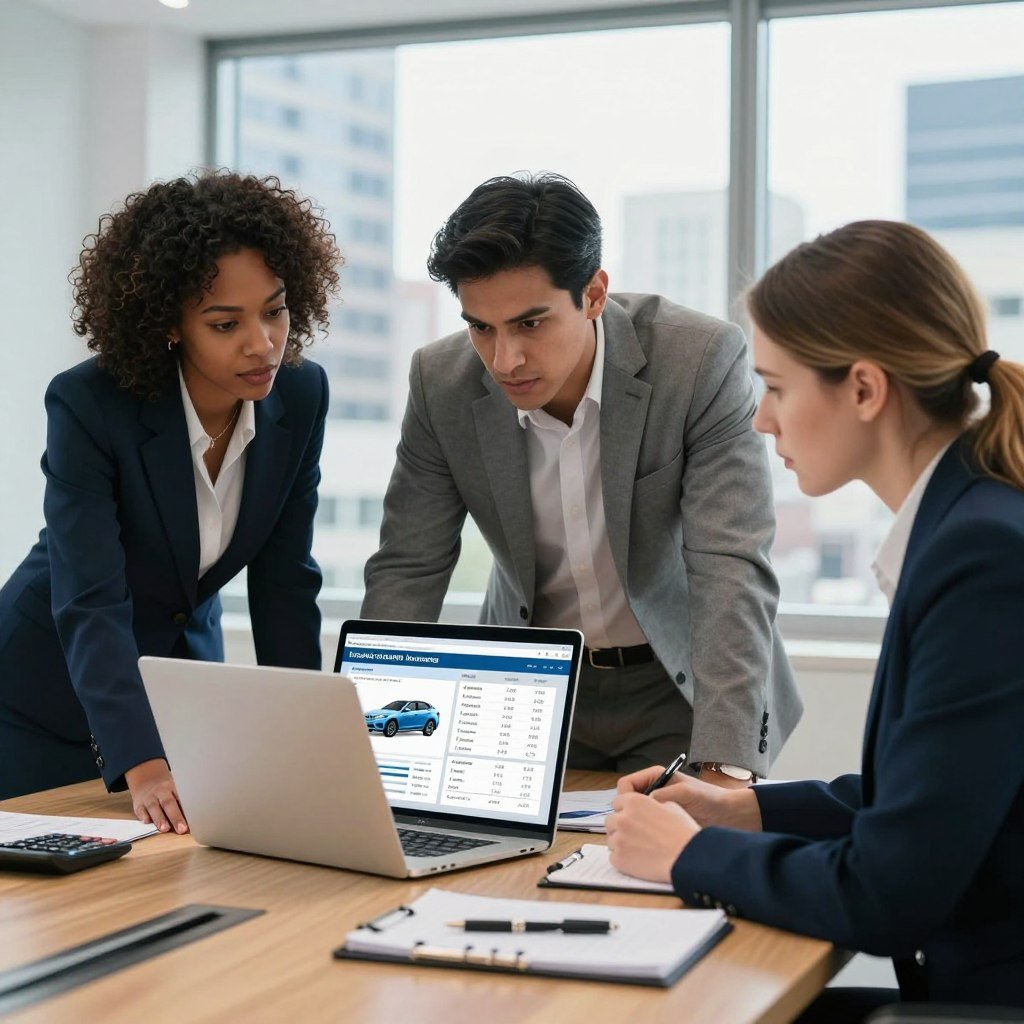 A modern office setting where a diverse group of three professionals, a Black woman, a Latino man, and a Caucasian woman, are engaged in a serious discussion over a laptop displaying different car insurance quotes. In the foreground, a wooden conference table with notepads, pens, and a calculator. The middle features the trio leaning forward intently, dressed in smart business attire, examining the data on the screen. In the background, a large window reveals a cityscape bathed in natural light, emphasizing a professional atmosphere. The mood is analytical and focused, highlighting the importance of comparing prices for car insurance. The image should be bright, well-lit, with a slight depth of field to draw attention to the subjects and the laptop.