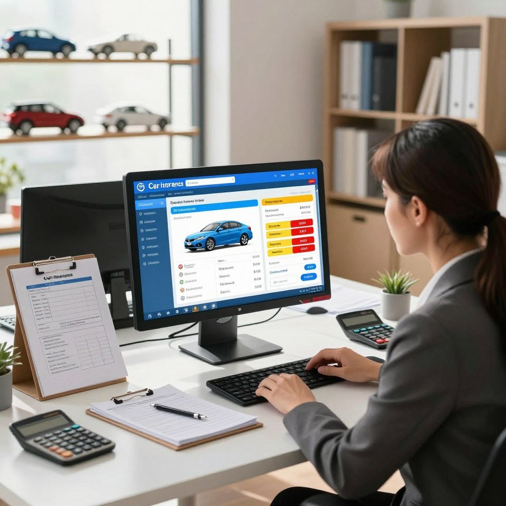 A modern office setting with a focus on car insurance simulation. In the foreground, a professionally dressed woman, sitting at a sleek desk, intently analyzing a computer screen displaying a vibrant and interactive car insurance quote simulator. The screen shows various car options and premium estimates in bright colors. In the middle ground, a clipboard with printed quotes rests beside the woman, along with a calculator and a notepad filled with notes. The background features shelves with car models, insurance brochures, and a well-organized bookshelf, creating an environment of professionalism and clarity. Soft, natural lighting filters through a nearby window, casting a warm glow across the room, enhancing a mood of focus and decision-making. A wide-angle perspective captures the full workspace for a comprehensive view.