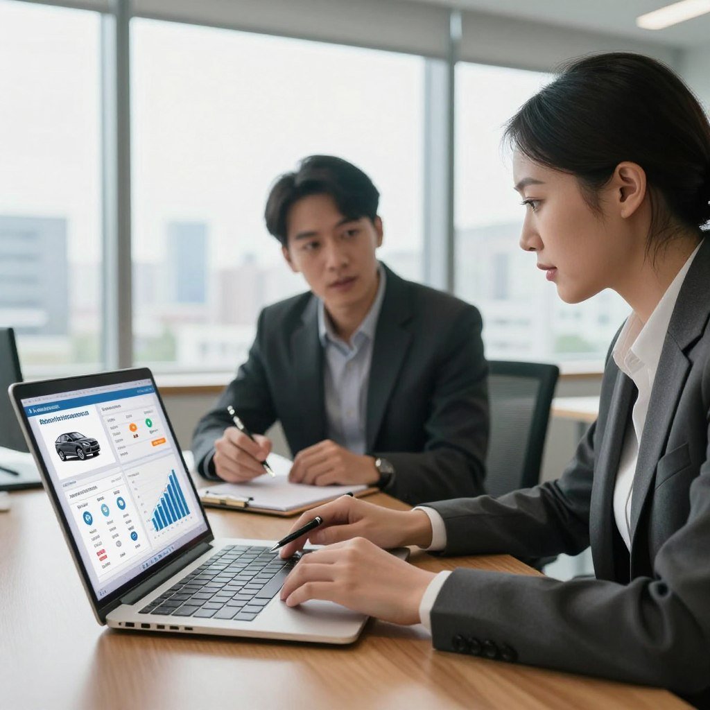 A modern office setting with a professional businesswoman and businessman, both in smart attire, sitting at a sleek wooden desk, analyzing a laptop displaying car insurance quotes. In the foreground, a close-up of the laptop screen shows colorful graphs and icons representing different insurance options. In the middle ground, the two professionals are engaged in a discussion, with notepads and pens scattered around, emphasizing collaboration and decision-making. The background should feature a large window with natural light flooding the room, showcasing a city skyline. The atmosphere is focused and professional, encapsulating the serious nature of obtaining auto insurance quotes. The image should have soft, warm lighting to create an inviting mood.