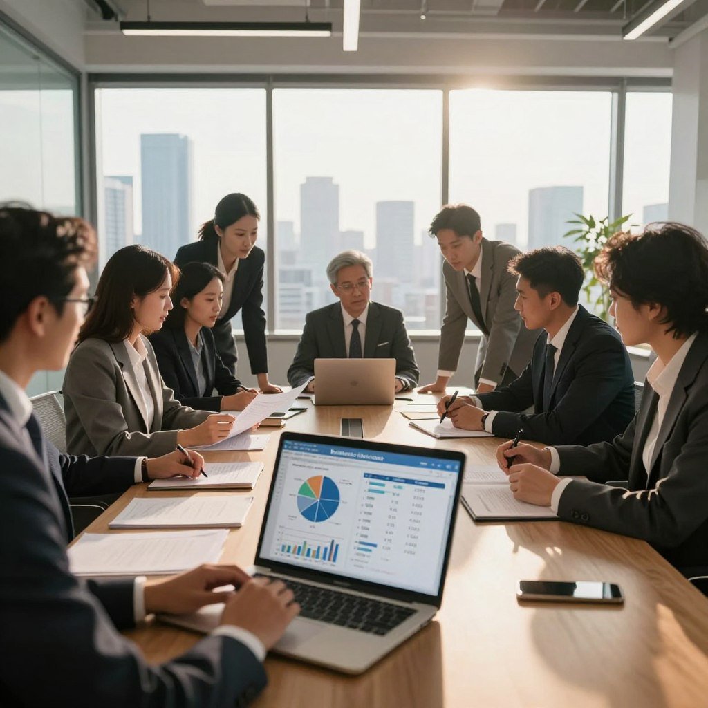 A modern office workspace focused on business insurance, featuring a diverse group of professionals in business attire gathered around a large conference table. Foreground shows a close-up of a laptop displaying graphs and charts related to insurance comparisons. In the middle, engaged individuals are discussing and reviewing documents, with expressions of concentration and collaboration. The background includes a large window with a city skyline view, bathed in warm afternoon light to create an inviting atmosphere. Soft shadows add depth, while a wide-angle perspective captures the essence of teamwork and strategic planning. The overall mood conveys professionalism, trust, and the importance of making informed insurance choices for businesses.