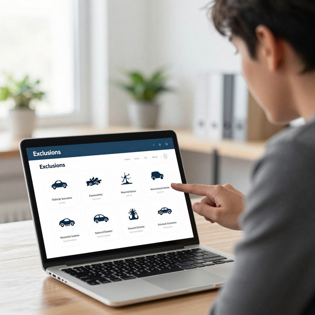 A modern online insurance interface displayed on a sleek laptop, showcasing a user-friendly dashboard for vehicle insurance. In the foreground, the laptop screen highlights a section titled "Exclusions" with visual icons representing various vehicle scenarios, like accidents and natural disasters. The middle ground features a professional businessperson in smart casual attire, thoughtfully analyzing the screen, demonstrating a sense of engagement and concern. The background is softly blurred, depicting a bright, well-lit office space with plants and minimalistic decor, conveying an atmosphere of professionalism and reliability. The image should have soft, natural lighting, emphasizing clarity and focus on the laptop and the individual, creating a mood of informed decision-making and security in vehicle insurance.