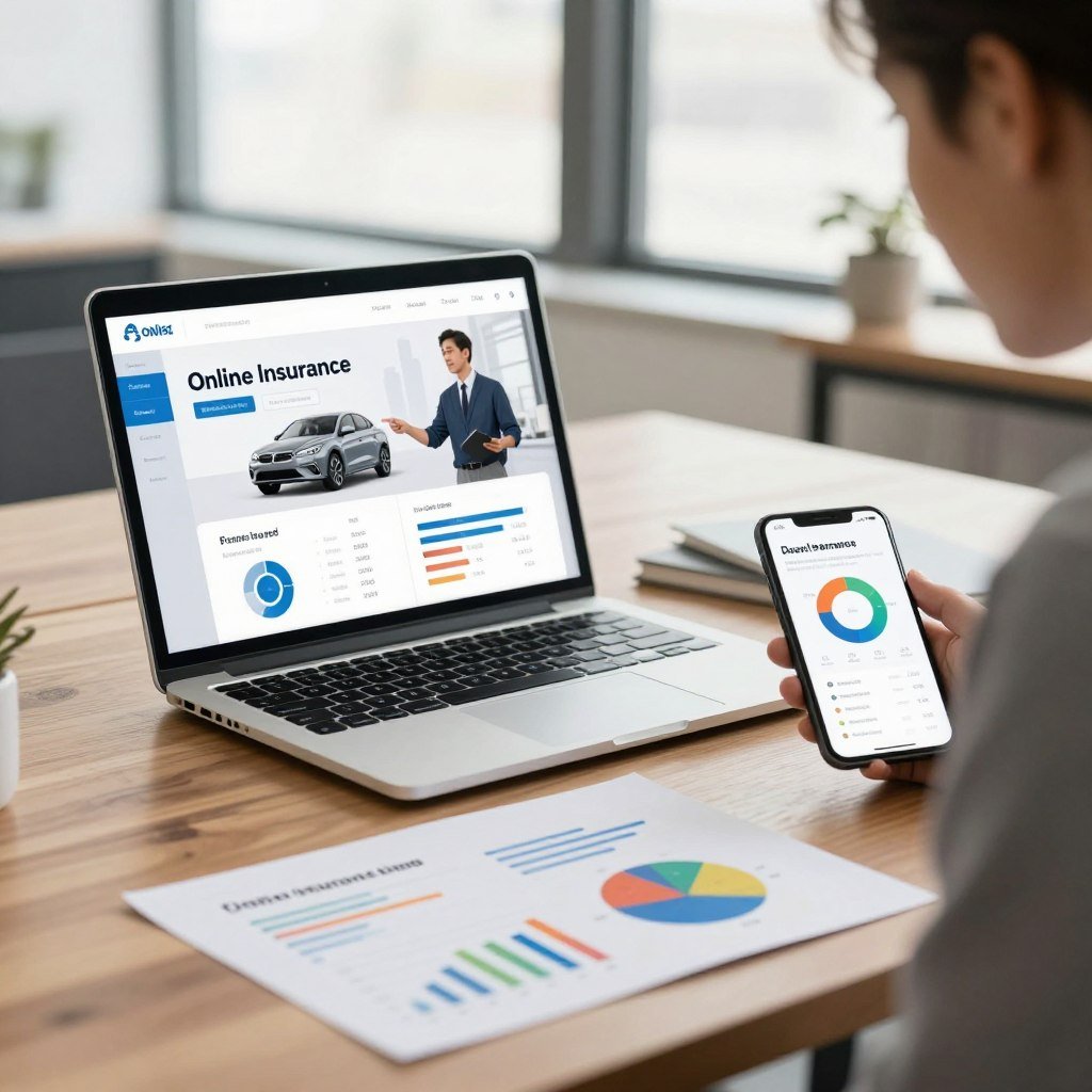 A modern online insurance platform interface displayed on a sleek laptop and a smartphone, both positioned on a wooden desk. In the foreground, there are charts and infographics visually representing updated car insurance policies, with vibrant colors illustrating pricing changes. The middle section includes a well-dressed professional analyzing the charts, focused on the screen, embodying concentration and insight. In the background, a bright office environment with large windows, allowing natural light to flood the space, creating a warm and inviting atmosphere. The scene captures a sense of professionalism and modernity, emphasizing the themes of change and innovation in insurance. Use soft, diffused lighting for a calming effect, and a subtle depth of field to highlight the foreground elements, creating a balanced composition.