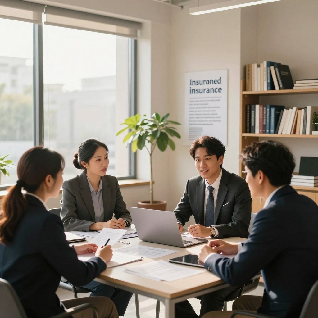 A modern, professional office setting with a warm, inviting atmosphere. In the foreground, a diverse team of business people in professional attire, engaged in a collaborative discussion around a table covered with papers and a laptop. In the middle ground, large windows allowing natural light to flood in, illuminating a small indoor plant and a motivational poster about the benefits of insurance. In the background, shelves filled with books on finance and insurance, creating an intellectual ambiance. The lighting is soft and warm, with a slight golden hue suggesting an early morning or late afternoon. The mood is positive and focused, stressing the advantages of having insurance coverage.