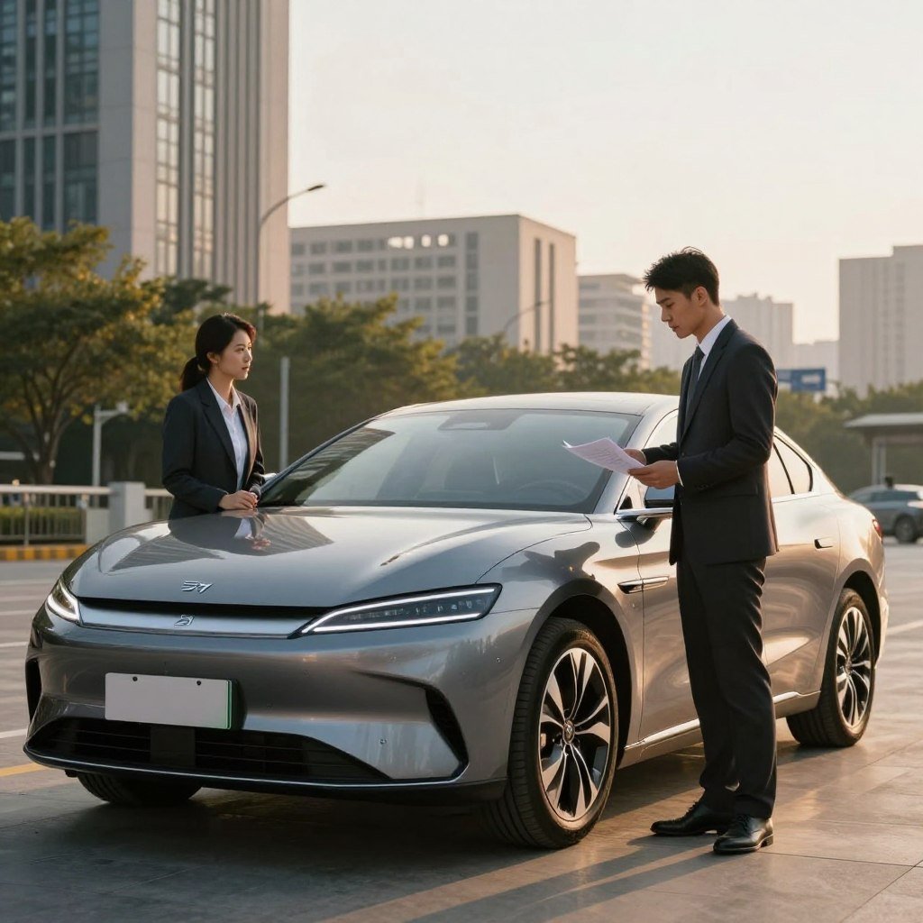 A modern, sleek car parked in an urban setting, showcasing its impressive design and features, with focus on the vehicle's exterior. In the foreground, a professional in business attire is examining papers and discussing insurance details with a customer next to the car. The middle ground features a cityscape with office buildings and trees, while the background displays a clear sky during golden hour, casting a warm glow over the scene. The lighting should highlight the curves and details of the car, while soft shadows add depth. The mood is serious yet hopeful, emphasizing the importance of car insurance in protecting valuable assets.