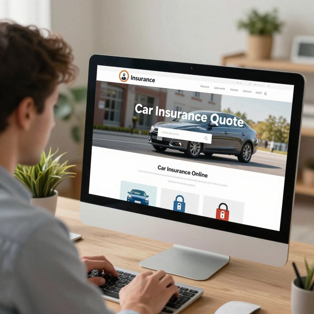 A modern, sleek computer screen displaying a user-friendly insurance website, prominently featuring a car insurance quote section. In the foreground, a professional, business-attired individual is focused on the screen, with a look of satisfaction and relief as they easily navigate the online process. The middle layer showcases a few essential icons representing speed, ease, and security, subtly integrated into the scene. The background features a cozy home office with soft lighting, plants, and a warm atmosphere, suggesting comfort and convenience. The image should evoke a sense of modernity and efficiency, highlighting the advantages of purchasing car insurance online. The angle should be slightly above eye level, capturing both the person and the computer screen effectively.