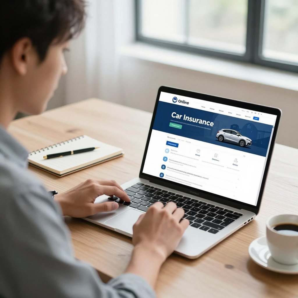 A modern, sleek digital workspace depicting the process of obtaining an online car insurance quote. In the foreground, a laptop with an open web browser showing a vibrant insurance quote interface, complete with easy-to-understand options and graphics. A professional-looking individual, dressed in smart casual attire, is focused on the screen, with an expression of concentration. The middle ground features a well-organized desk with a notepad, a pen, and a coffee cup, adding a personal touch. In the background, a bright window allowing natural light to flood the space, giving it a welcoming and productive atmosphere. Soft, diffused lighting enhances the clarity of the scene while maintaining a warm ambiance. The image should evoke a sense of ease and efficiency in the online insurance quoting process.