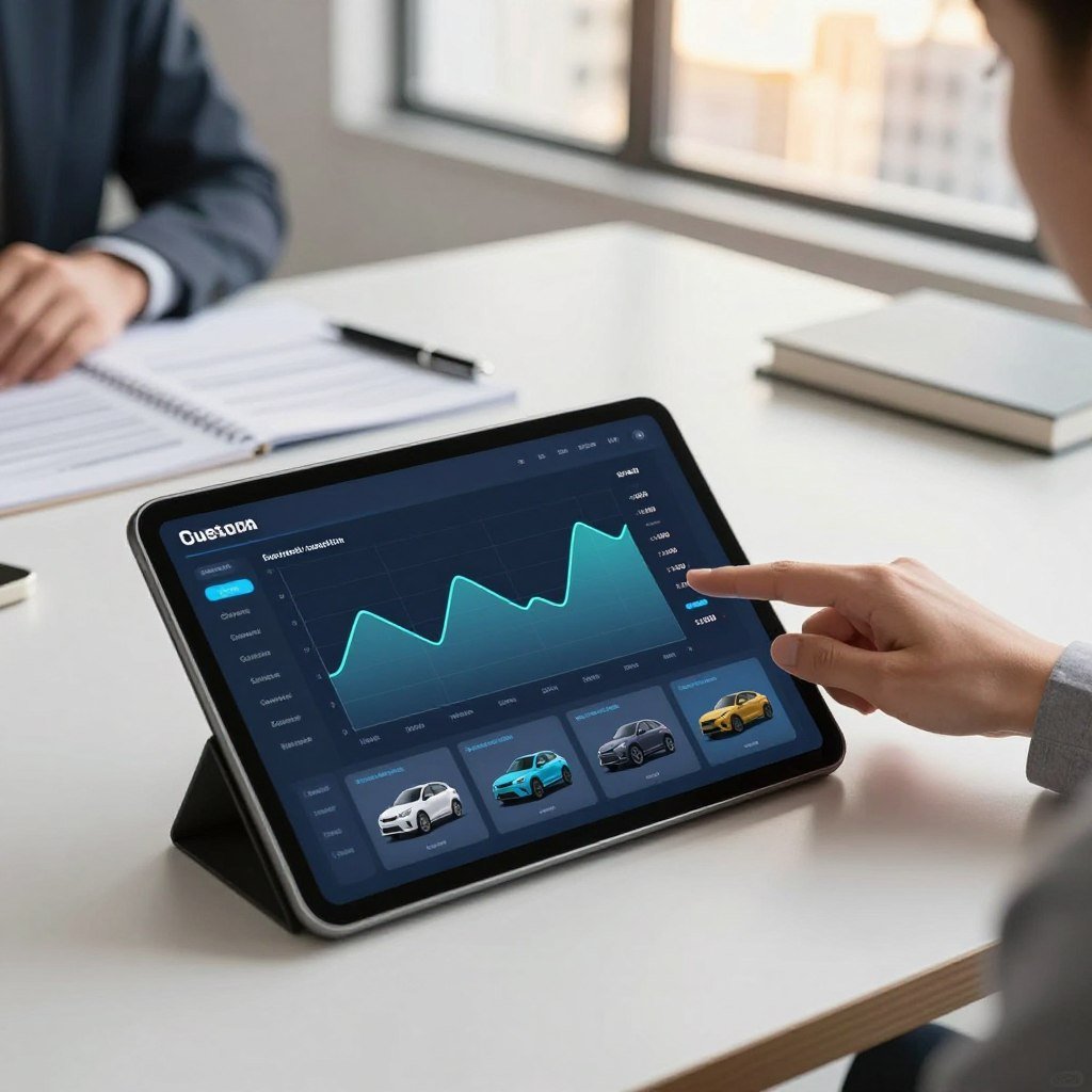 A modern, virtual car insurance simulation displayed on an electronic tablet, set against a sleek office workspace. In the foreground, the tablet screen shows an interactive graph with fluctuating pricing and various vehicle models, while a hand in a smart-casual attire hovers over it, suggesting analysis. In the middle ground, a professional desk with insurance documents and a stylish pen adds context, and a window in the background reveals a sunny cityscape. Soft, natural lighting highlights the scene, creating a warm, inviting atmosphere. The angle is slightly tilted downward, emphasizing the tablet in focus while ensuring the overall professionalism of the environment.