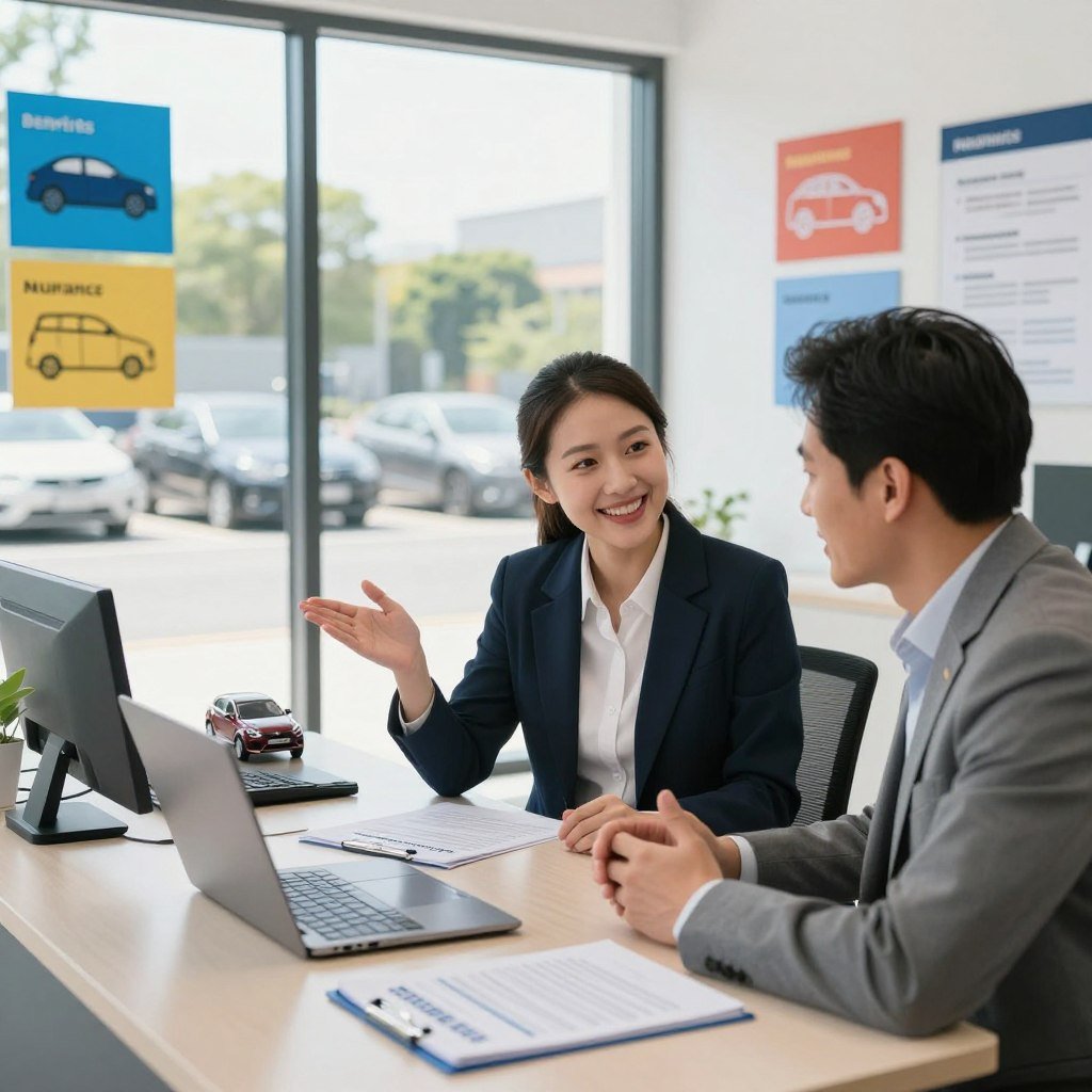 A modern, visually appealing insurance office interior with a sleek desk featuring a laptop and documents related to car insurance policies. In the foreground, a friendly insurance advisor, dressed in professional attire, is discussing with a satisfied client, also in business casual clothing, gesturing towards a vehicle model displayed prominently on the desk. The middle ground focuses on a large window showcasing a sunny day outside, with cars parked in a well-lit lot. In the background, colorful infographics about the benefits of car insurance are mounted on the walls, creating an informative atmosphere. Soft natural lighting pours in, enhancing the mood of professionalism and trust. Capture the scene with a slight perspective angle to emphasize interaction, while maintaining clarity and focus on the subjects and their engagement.