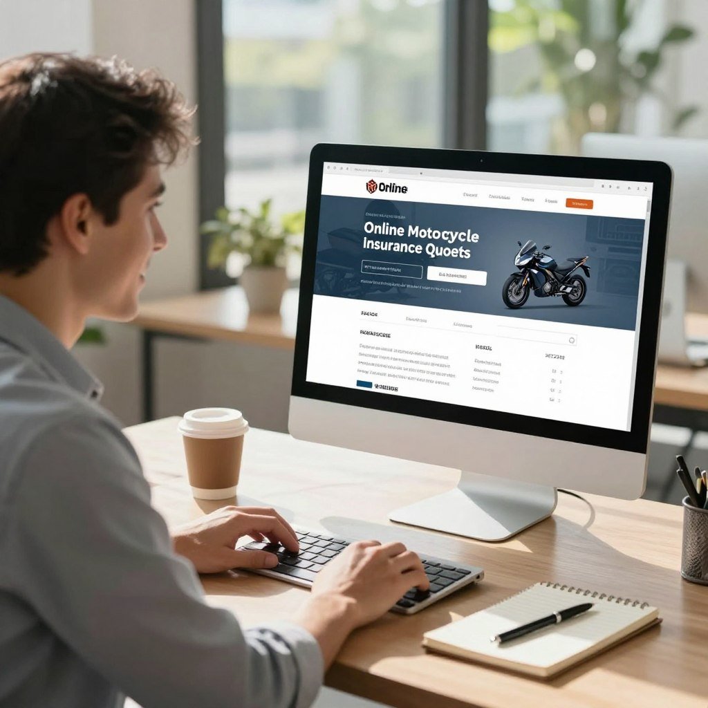 A modern workspace featuring a computer displaying an online motorcycle insurance quotation website. In the foreground, a professional in business casual attire is intently reviewing the screen with a slight smile, indicating satisfaction. The middle ground includes a neatly organized desk with a notepad, pen, and a coffee mug, creating a productive atmosphere. In the background, a large window shows a sunny day, with greenery outside, symbolizing peace of mind and security. Soft, natural lighting fills the room, casting gentle shadows that enhance the warm and inviting mood. Capture an angle that shows both the computer screen and the person's engaged expression, emphasizing the advantages of online motorcycle insurance quotes.