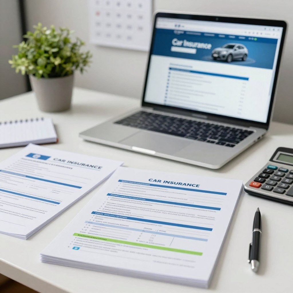A neatly arranged desk scene featuring various documents related to car insurance, such as forms, brochures, and a calculator. In the foreground, include a close-up of a neatly organized stack of insurance paperwork with highlighted sections, a pen placed alongside. In the middle ground, have an open laptop displaying a web page for car insurance quotes, with soft blue light emanating from the screen, giving a modern tech feel. The background is a slightly blurred office setting with a potted plant and a wall calendar. The overall mood should be professional and approachable, suggesting meticulous preparation for obtaining car insurance. Soft, natural lighting enhances the clarity of the documents. The scene captures the essence of necessary documentation for car insurance quotes.