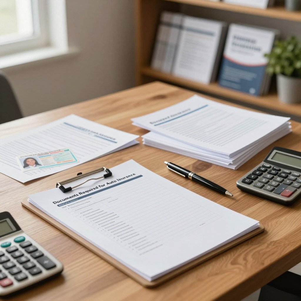 A neatly organized workspace displaying essential documents for auto insurance in a professional setting. In the foreground, there’s a wooden desk with a clipboard holding a checklist titled "Documents Required for Auto Insurance," alongside a pen and a calculator. The middle ground features neatly stacked papers including a driver's license, vehicle registration, proof of previous insurance, and a payment method. In the background, softly blurred shelves are filled with insurance brochures and a plant for a touch of greenery. The lighting is warm and inviting, illuminating the desk from a window to the left, creating a calm and focused atmosphere. The angle is slightly above eye level, capturing the entire scene with clarity and purpose.