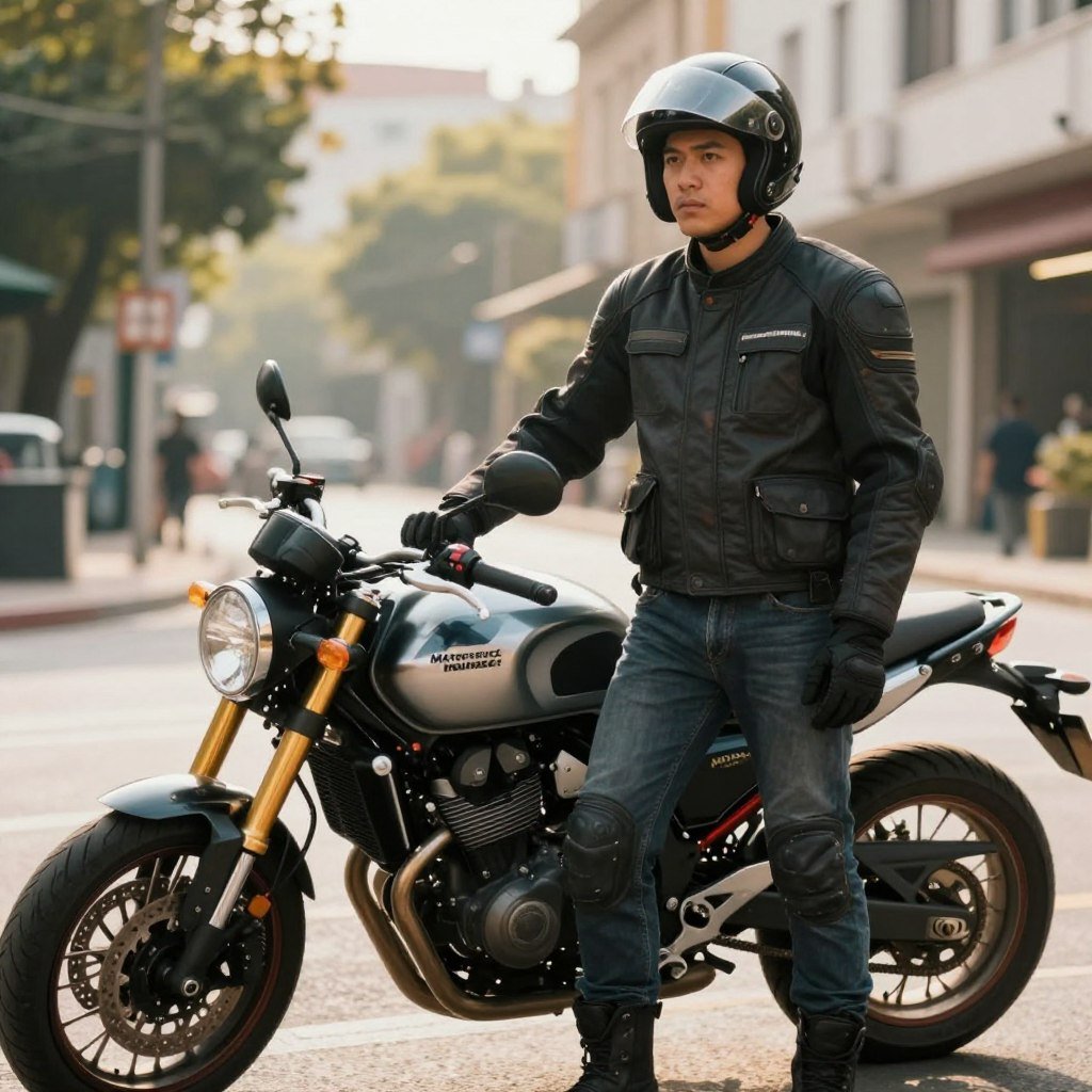 A novice motorcycle rider in casual, protective gear stands confidently next to a sleek motorcycle. In the foreground, focus on the rider’s determined expression and posture, capturing a sense of empowerment and readiness. In the middle ground, the motorcycle gleams under soft sunlight, showcasing its details like chrome accents and stylish design. In the background, a vibrant city street scene can be seen, hinting at the urban adventures that await. The lighting is warm and inviting, creating a sense of optimism and excitement for new experiences. The overall atmosphere is one of hope and ambition, emphasizing the theme of motorcycle insurance for new riders, reflecting their journey into the world of motorcycling.