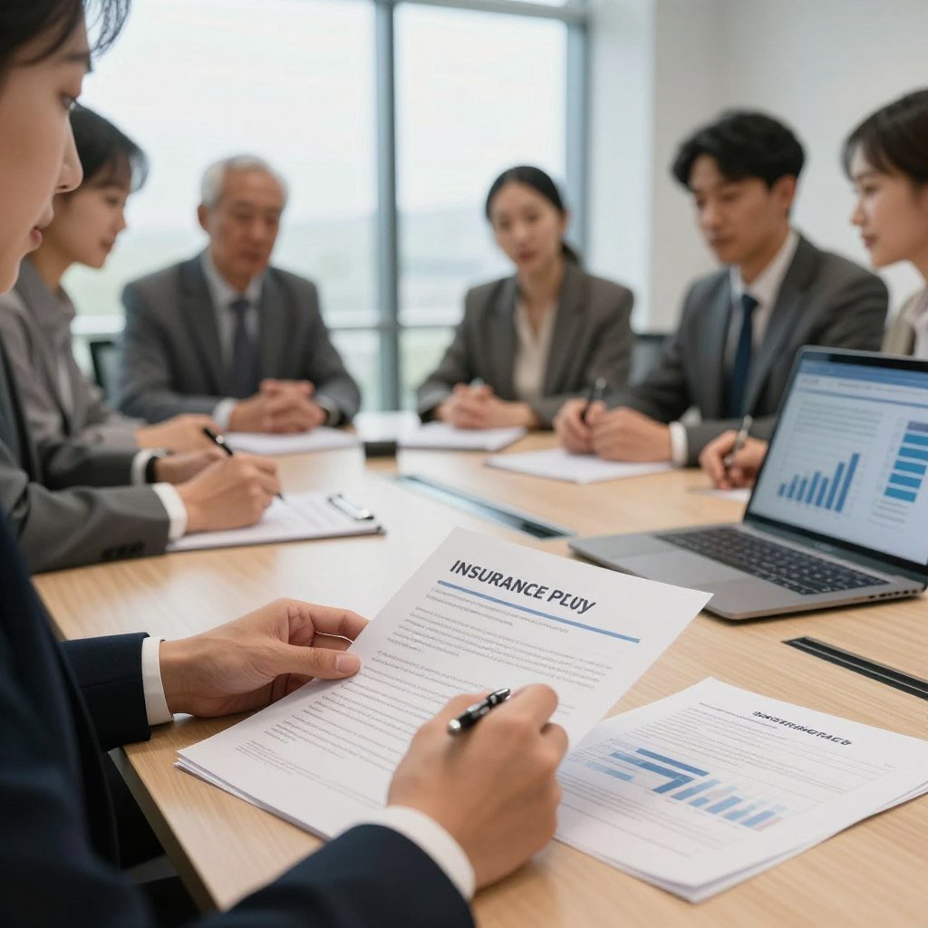 A person in professional business attire thoughtfully evaluating various insurance policy documents spread out on a modern conference table. In the foreground, a close-up view displays a hand holding a pen, poised over an insurance brochure, while a laptop with comparative graphs is open nearby. In the middle ground, a diverse group of professionals, engaged in a discussion, can be seen exchanging ideas about coverage options and financial implications. The background features a softly lit office with large windows that let in natural light, creating a warm and inviting atmosphere. The overall mood is focused and collaborative, emphasizing the importance of making informed decisions about insurance. The image is captured with a slight depth of field to enhance the main subjects.