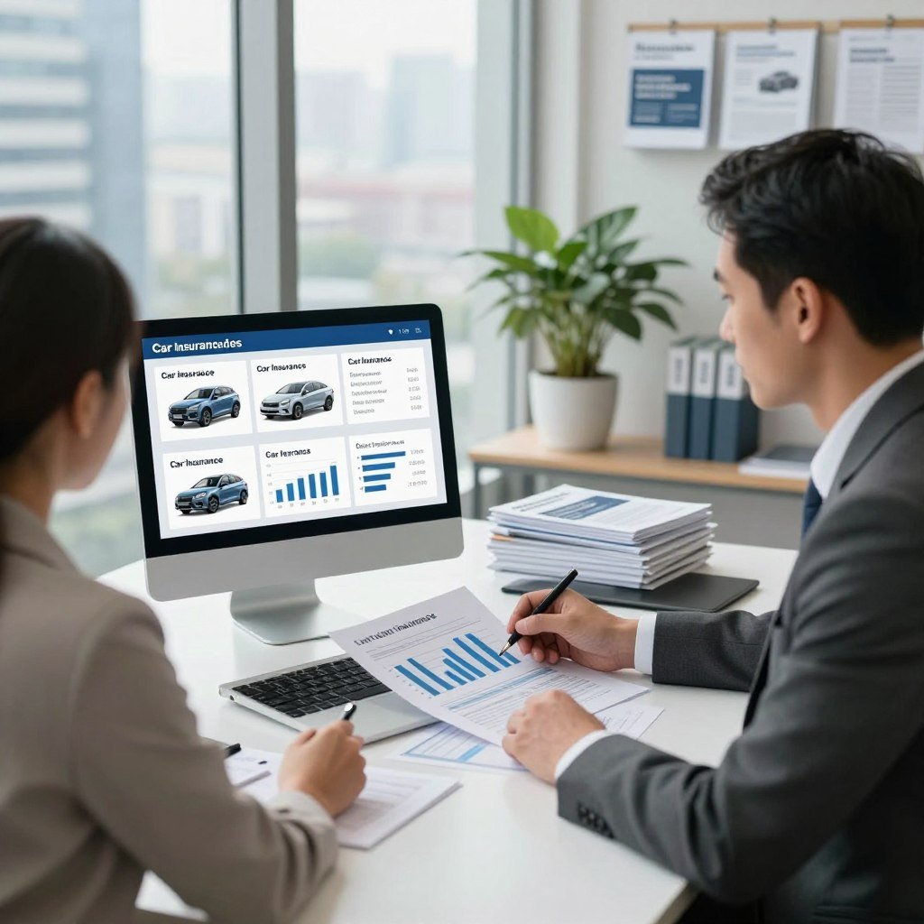 A polished, modern office environment with a large window overlooking a cityscape, bright natural light pouring in. In the foreground, a professional financial advisor in business attire, male or female, is seated at a stylish desk, analyzing detailed graphs and charts on a laptop about car insurance options. In the middle ground, a digital display shows various car models along with their insurance quotes, emphasizing affordability and coverage options. The background features potted plants and shelves stacked with insurance brochures. The mood is focused and professional, conveying a sense of trust and expertise in helping clients choose the best car insurance. Soft focus on the background adds depth, while bright, inviting lighting enhances the overall atmosphere.