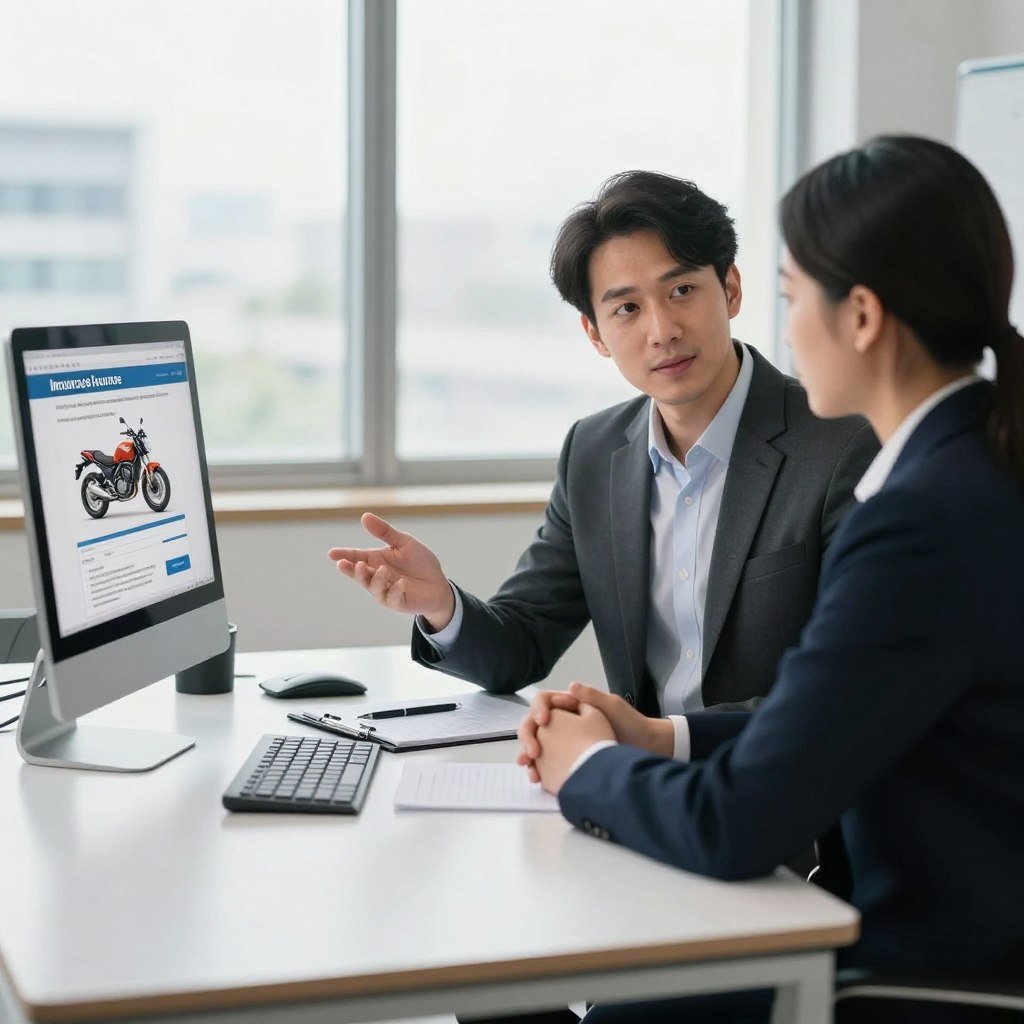 A professional advisor sitting at a sleek modern desk in a bright office environment, discussing motorcycle insurance policies with a client. The advisor, dressed in smart business attire, has a confident and approachable demeanor. In the foreground, there should be a computer displaying insurance documents and a motorcycle model. In the middle ground, a notepad and pen are visible, emphasizing a negotiation scene. The background features a large window with natural light streaming in, creating an open and inviting atmosphere. A subtle cityscape can be seen outside, enhancing the sense of professionalism. The mood is focused and collaborative, conveying trust and clarity in the negotiation process.