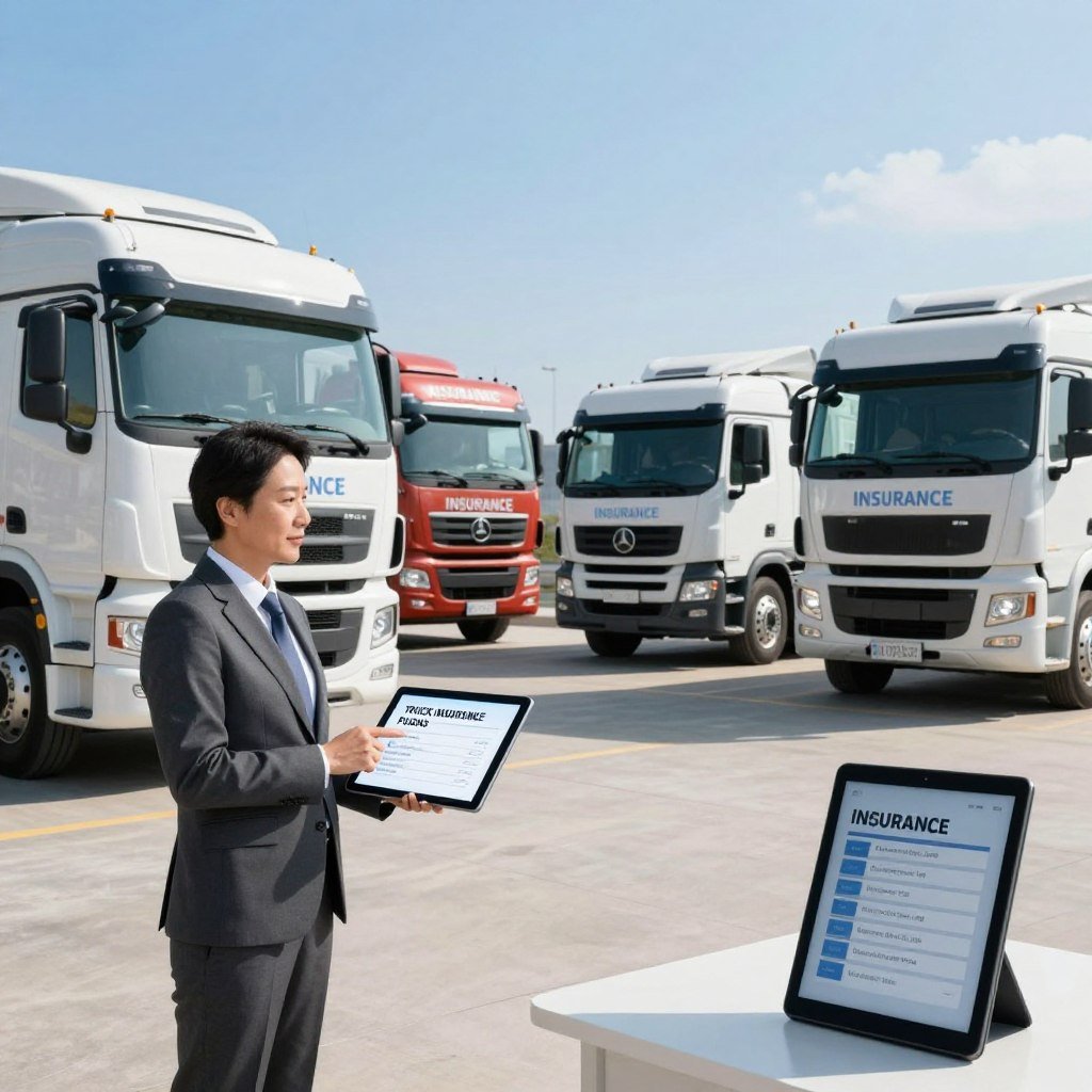 A professional and eye-catching image showcasing a variety of truck insurance options. In the foreground, a confident insurance agent in business attire stands next to a large, sturdy truck, gesturing towards a visual representation of different insurance plans displayed on a sleek digital tablet. In the middle, an array of trucks is parked, showcasing diverse models and types, each labeled subtly to represent various insurance policies. The background features a clear blue sky and a cityscape, emphasizing the reliability and security of truck insurance. The scene is brightly lit with natural sunlight, casting soft shadows, creating an inviting and informative atmosphere. The overall mood is professional and reassuring, perfect for depicting the value of affordable truck insurance.
