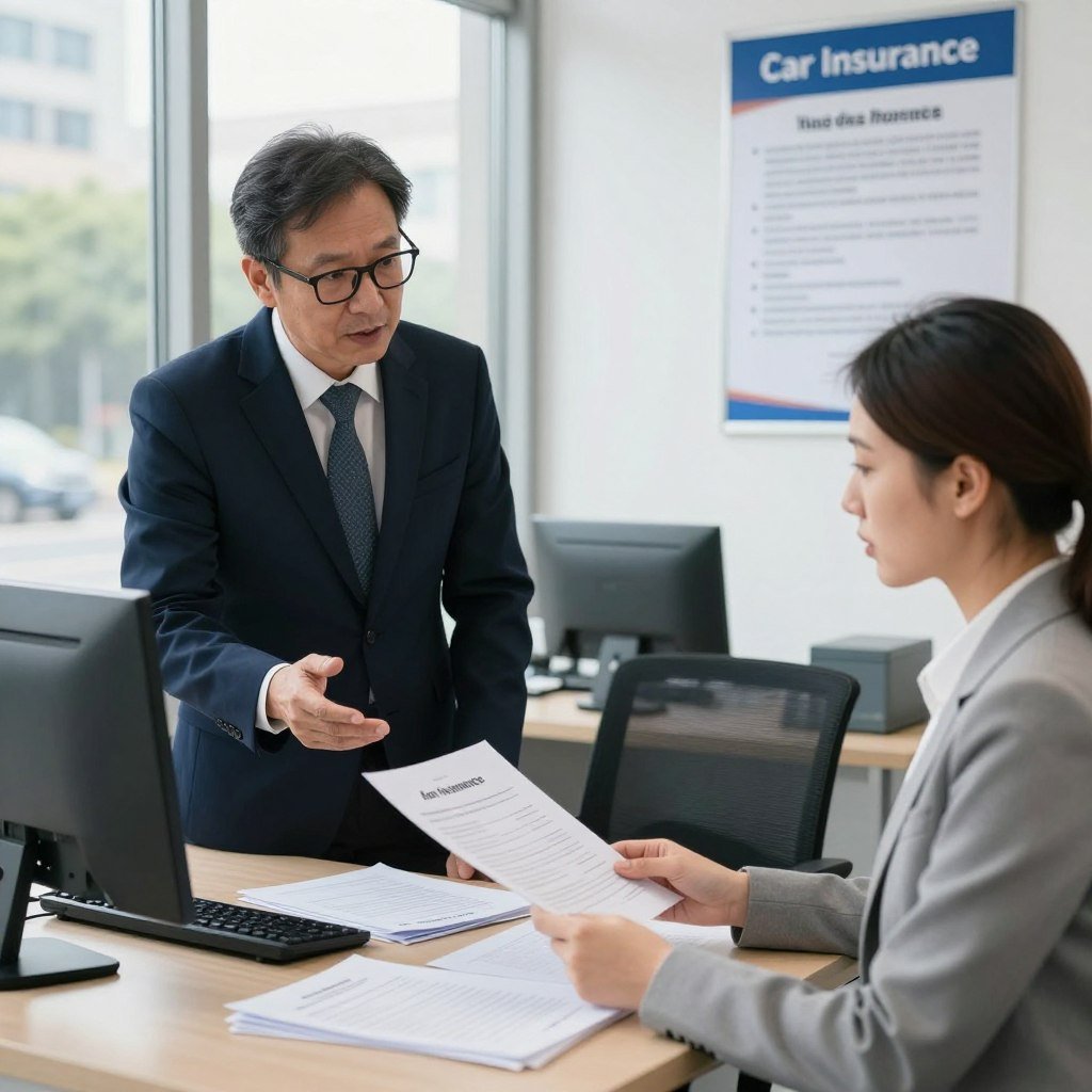 A professional and informative scene depicting a car insurance office. In the foreground, a well-dressed insurance agent, a middle-aged man with glasses, stands beside a desk cluttered with policy documents and a computer. He appears engaged, talking to a client, a woman in business attire, who looks concerned while reviewing her documents. In the middle ground, a large window provides natural light, revealing a city street view outside. In the background, a poster on the wall highlights key insurance terms and conditions, creating a professional atmosphere. The overall mood is serious and attentive, conveying the importance of understanding insurance policies and coverage decisions. The image is brightly lit, with a focus on the characters’ expressions, using a slight depth of field to emphasize the interaction.