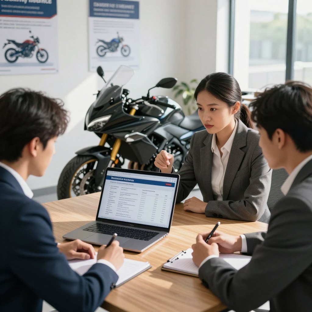 A professional and informative scene depicting a motorcycle insurance consultation. In the foreground, a diverse group of three individuals in smart business attire are engaged in discussion around a wooden table. One person is pointing at a laptop displaying various motorcycle insurance quotes, while another takes notes on a notepad. In the middle ground, a sleek motorcycle is parked beside the table, emphasizing the focus on motorcycle insurance. The background features a well-lit office environment with insurance posters on the walls, creating a supportive atmosphere. Natural light filters through a window, casting soft shadows and highlighting the seriousness of the discussion. The overall mood is attentive and professional, conveying the importance of choosing the right insurance provider.