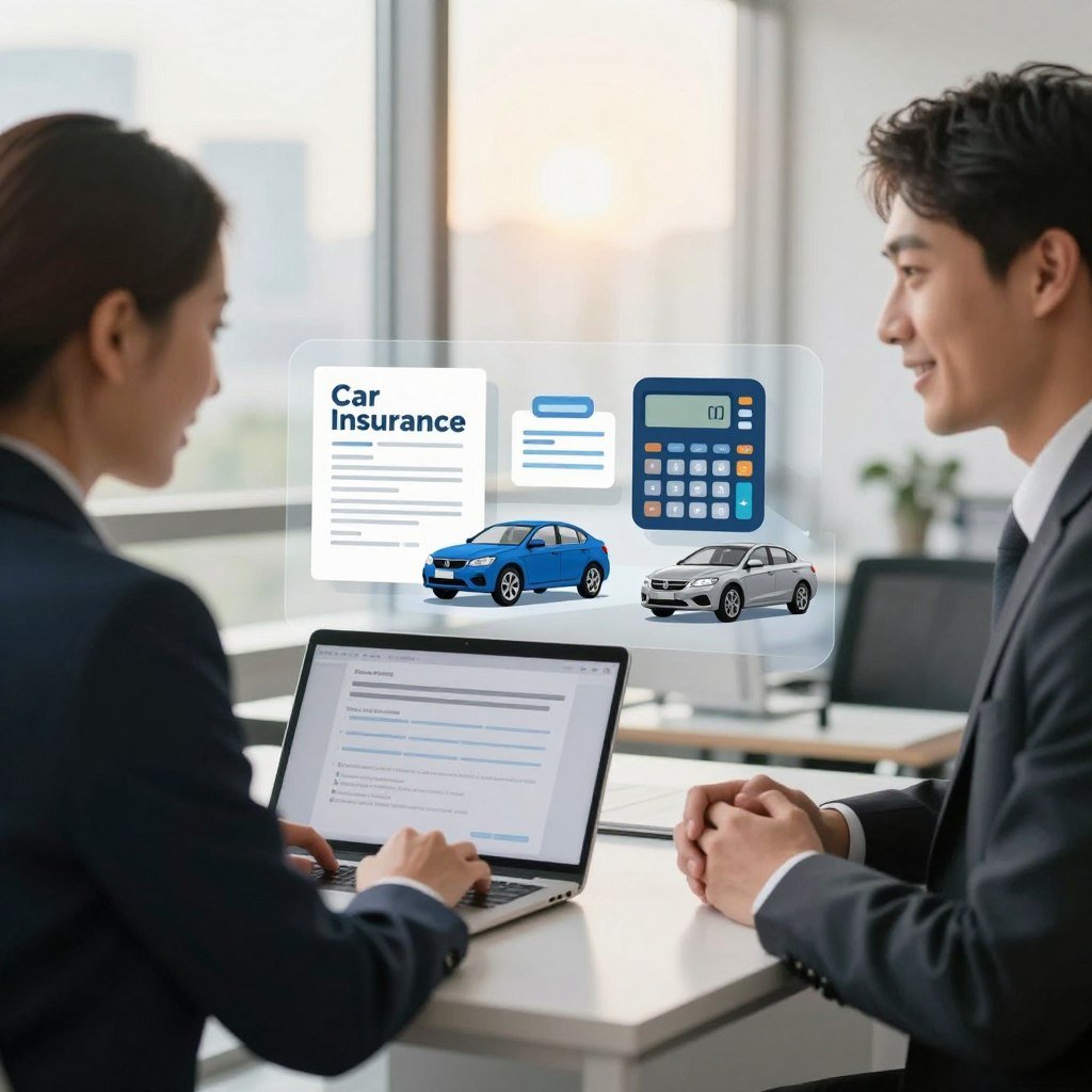 A professional and informative scene depicting the process of obtaining car insurance. In the foreground, two individuals in business attire are engaged in a conversation over a laptop, displaying a friendly and approachable demeanor. The middle section features graphical elements representing car insurance, such as policy documents, a calculator, and a car model, arranged on a modern desk. The background shows a well-lit office environment with large windows, letting in natural light, and a subtle cityscape visible outside, symbolizing reliability and trust. The overall mood is focused, educational, and reassuring, emphasizing the importance of understanding car insurance. Use soft, warm lighting to enhance the inviting atmosphere.