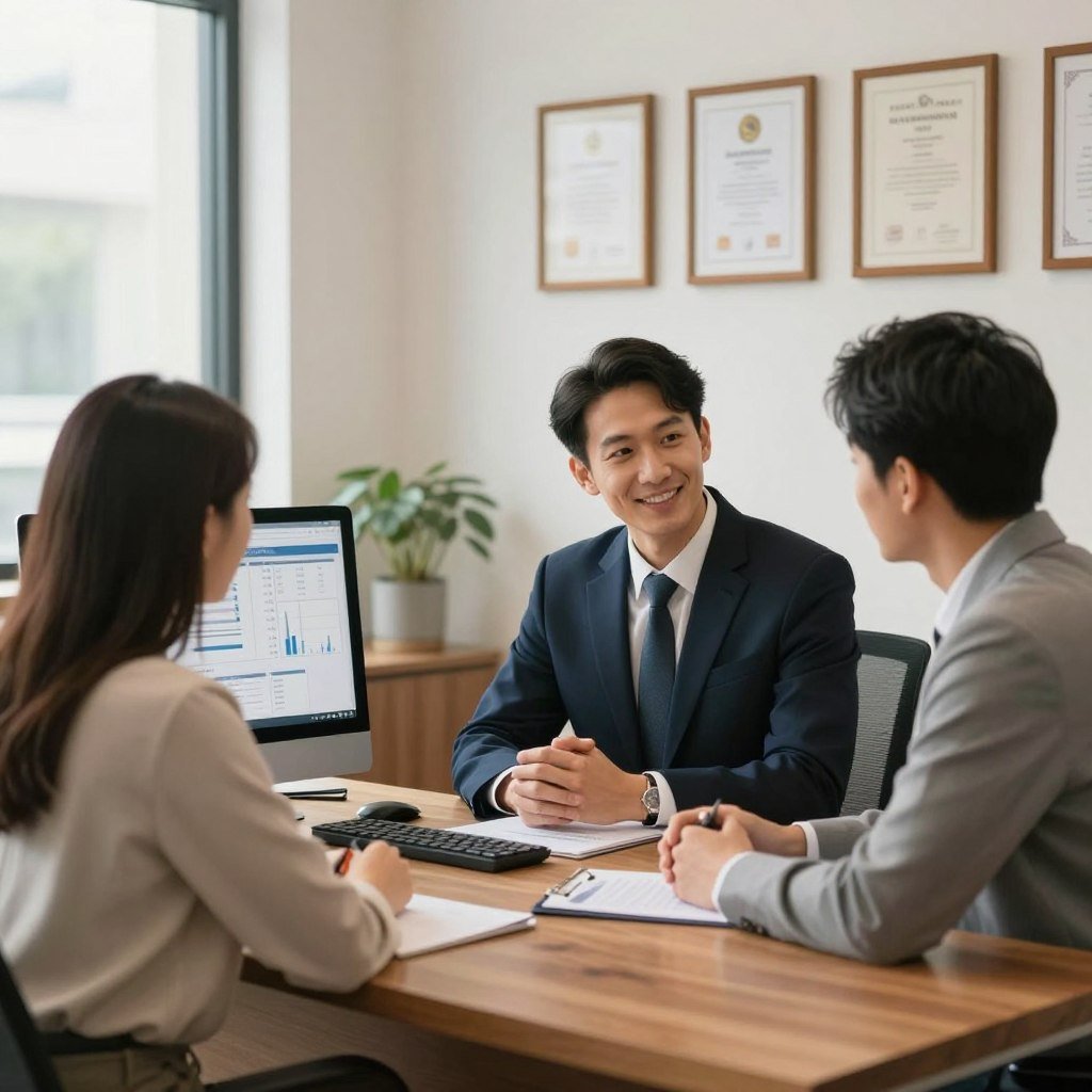 A professional and inviting insurance office interior, with a sleek wooden desk in the foreground and a computer displaying a financial plan. In the middle, a confident agent in smart business attire is discussing insurance options with a couple, who look engaged and reassured. The background features an elegant wall with framed certificates and a large window allowing soft natural light to fill the room, creating a warm and welcoming atmosphere. The lighting should be bright yet soft, emphasizing a sense of trustworthiness and security. The overall mood conveys professionalism and the advantages of having insurance, showcasing a positive interaction among the characters.