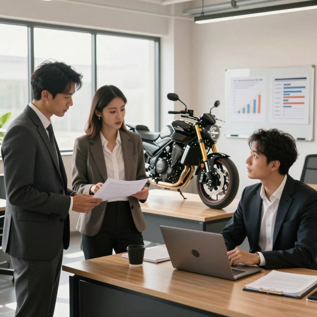 A professional and modern office space serves as the backdrop, with large windows allowing soft, natural light to fill the room. In the foreground, a diverse group of three individuals in smart business attire—a man and a woman reviewing documents, and a man on a laptop—are engaged in a discussion about motorcycle insurance quotes. The middle ground features a sleek, stylish motorcycle displayed prominently on a polished desk, symbolizing the focus on motorcycle insurance. In the background, a whiteboard filled with charts and graphs analyzing insurance rates adds depth and context. The atmosphere exudes professionalism and collaboration, with a warm, inviting color palette that enhances the sense of trust and insight into the importance of obtaining insurance quotes.