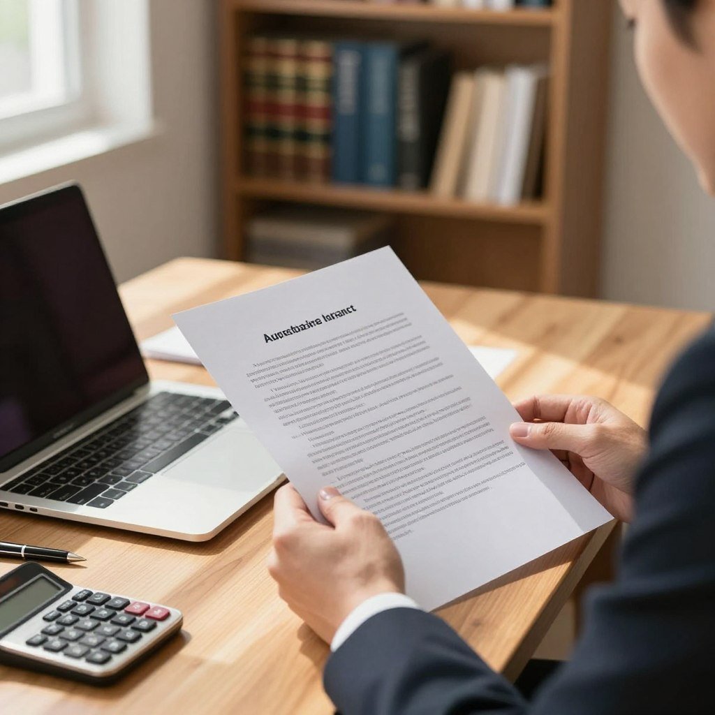 A professional and serene office setting, featuring a close-up of a person dressed in business attire, intently reading an automobile insurance contract. The foreground should focus on the hands holding the contract, with clear and well-defined text visible on the pages. In the middle, include a wooden desk with a sleek, modern laptop and a few essential office supplies, like a calculator and a pen. The background should show a softly blurred bookshelf filled with legal and financial books, conveying a sense of professionalism. Natural light streams through a window, casting gentle shadows and creating a warm atmosphere. Aim for a clean and organized composition that emphasizes the importance of understanding the contract details.