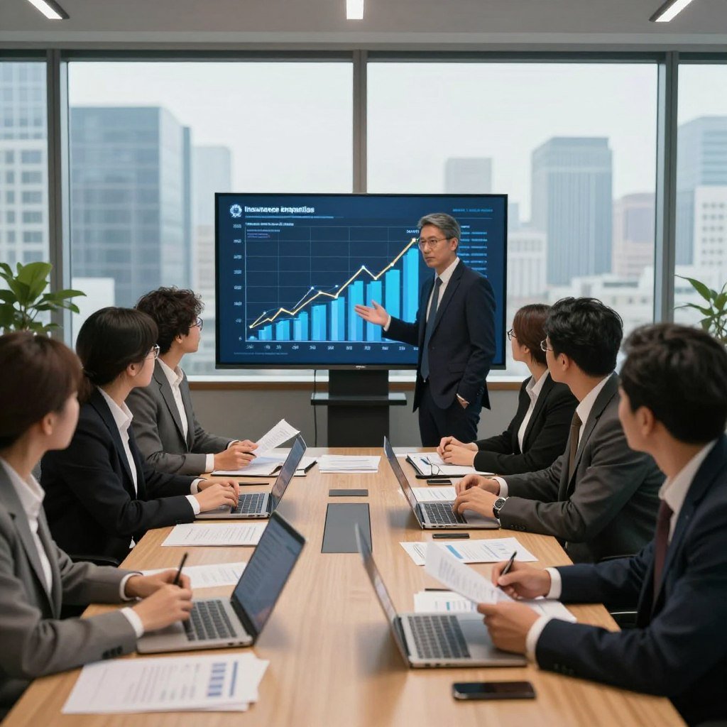 A professional business meeting scene illustrating the challenges faced by insurance companies. In the foreground, a diverse group of business professionals in formal attire are engaged in a discussion, some analyzing documents and others gesturing towards a detailed graph on a digital screen. In the middle ground, a large conference table strewn with papers and laptops highlights the serious nature of the meeting. The background features a modern office environment with large windows showcasing a city skyline, adding a sense of urgency and ambition. Soft, natural lighting filters in, creating a warm yet focused atmosphere. The image should convey a mood of determination and teamwork, emphasizing the complex and dynamic nature of the insurance industry challenges.